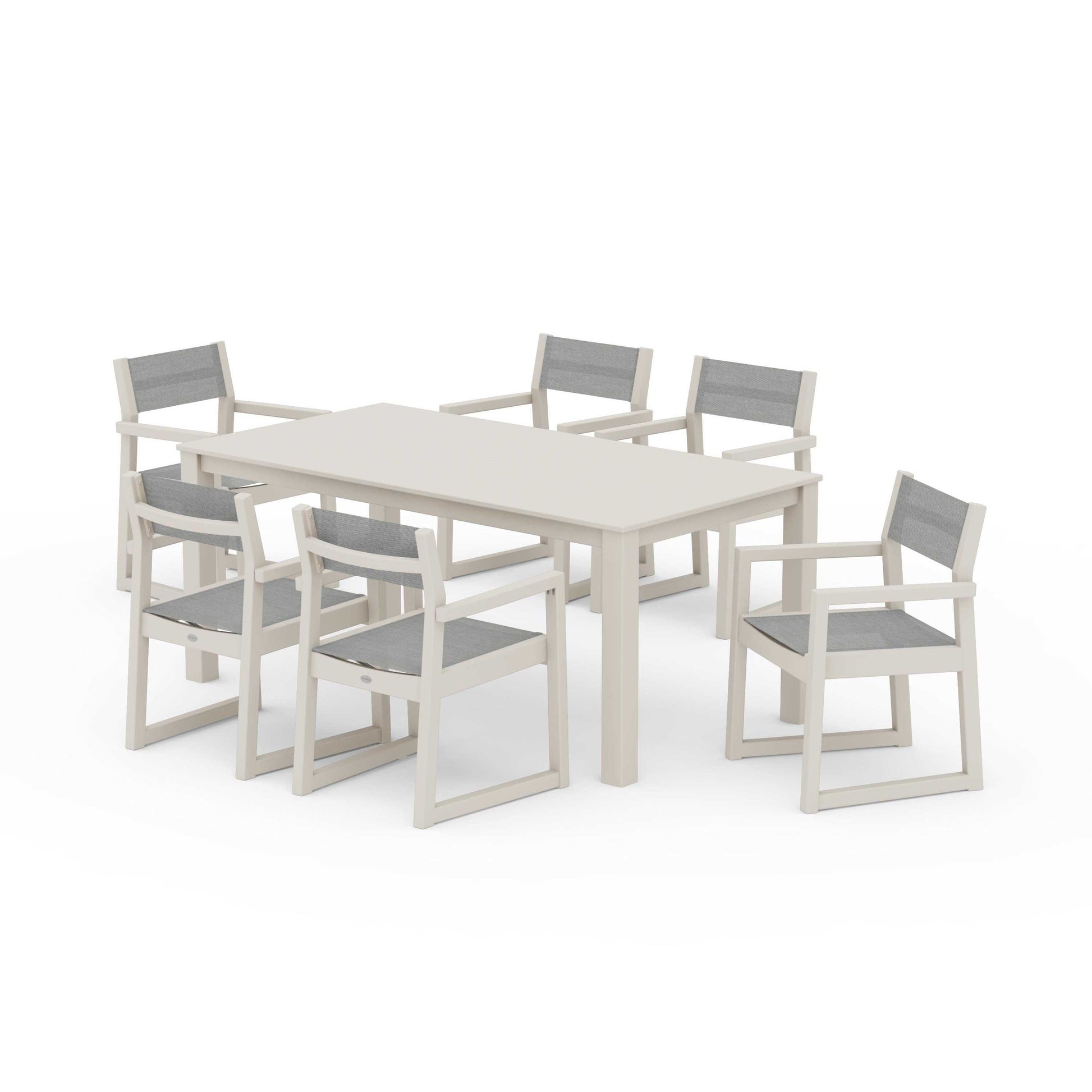 POLYWOOD EDGE Sling Arm Chair 7-Piece Parsons Dining Set — Sand / Metallic Sling