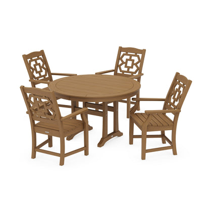 POLYWOOD Chinoiserie 5-Piece Round Dining Set with Trestle Legs — Natural