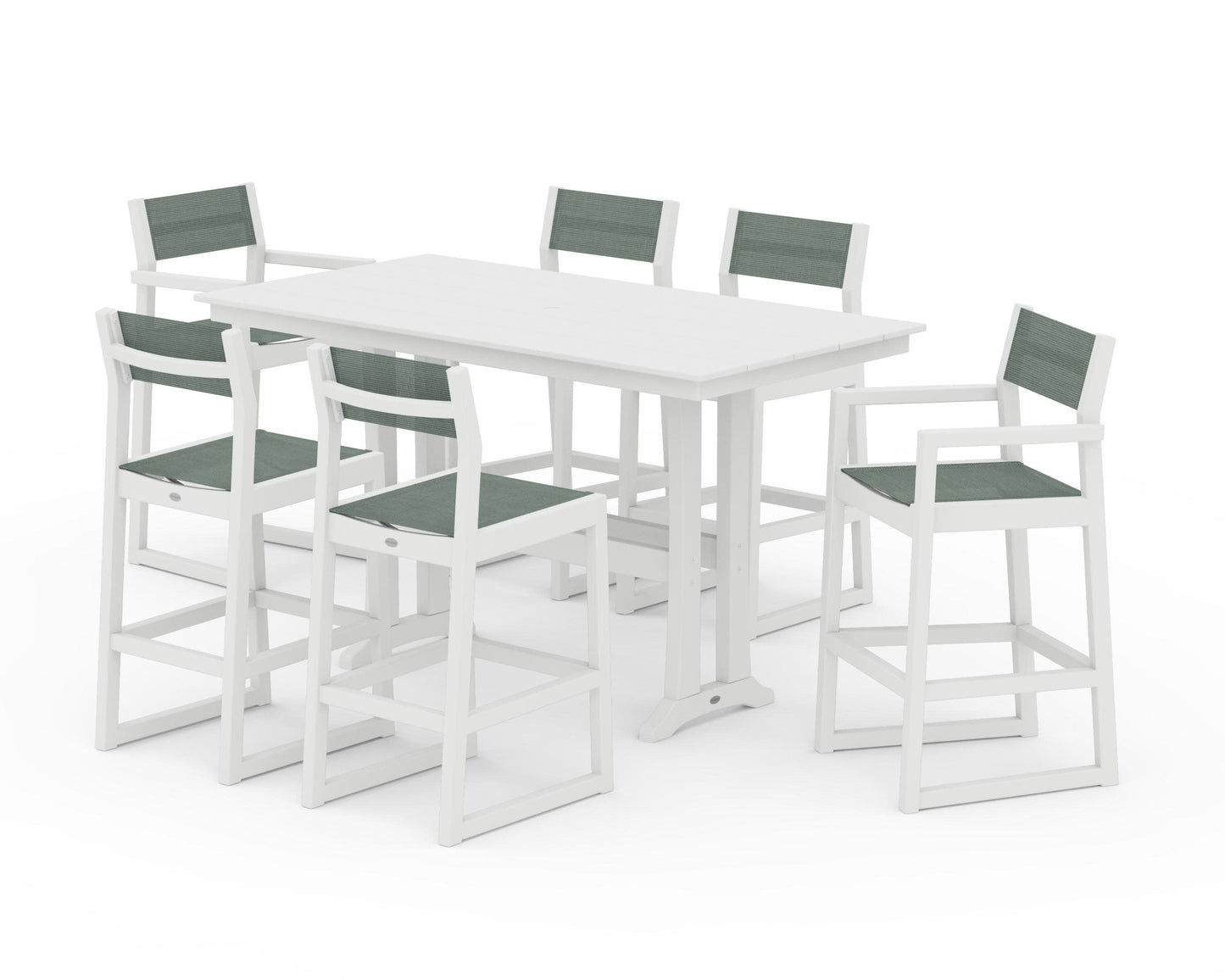 POLYWOOD EDGE Sling 7-Piece Farmhouse Bar Set with Trestle Legs — White / Dupioni Sea Mist Sling