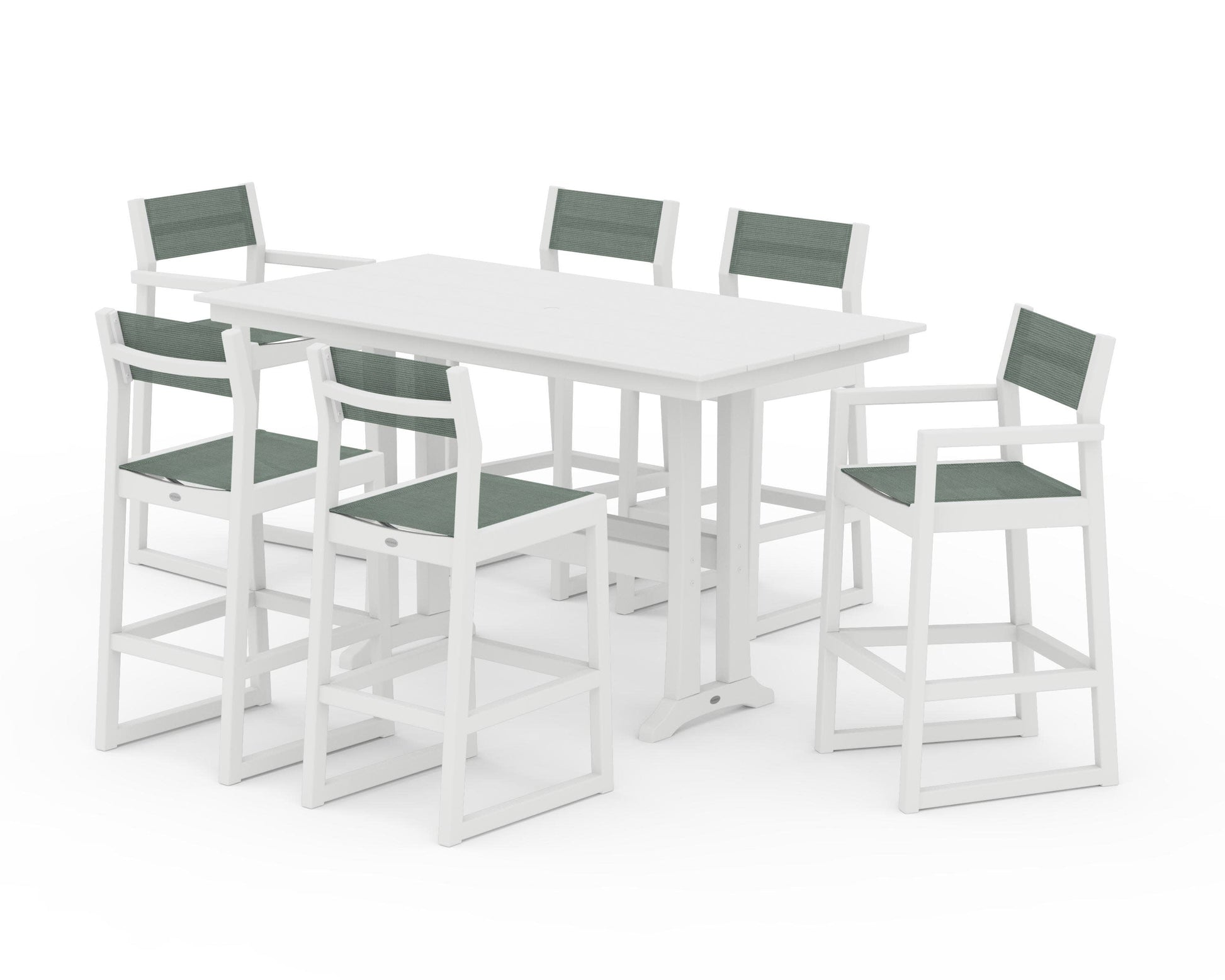 POLYWOOD EDGE Sling 7-Piece Farmhouse Bar Set with Trestle Legs — White / Dupioni Sea Mist Sling
