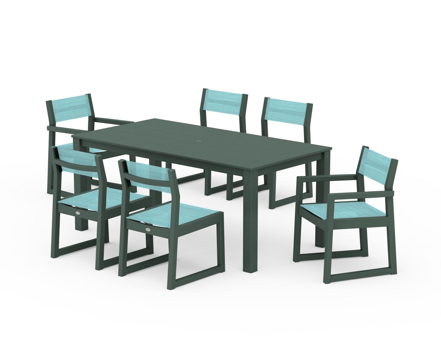 POLYWOOD EDGE Sling 7-Piece Parsons Dining Set — Green / Dupioni Aquamarine Sling