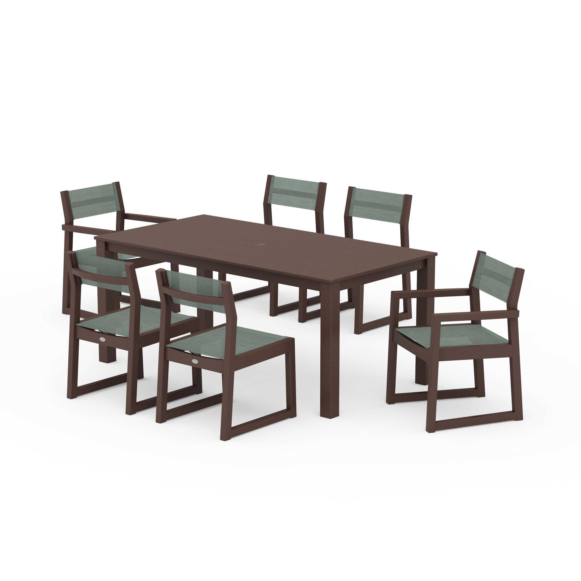 POLYWOOD EDGE Sling 7-Piece Parsons Dining Set — Mahogany / Dupioni Sea Mist Sling