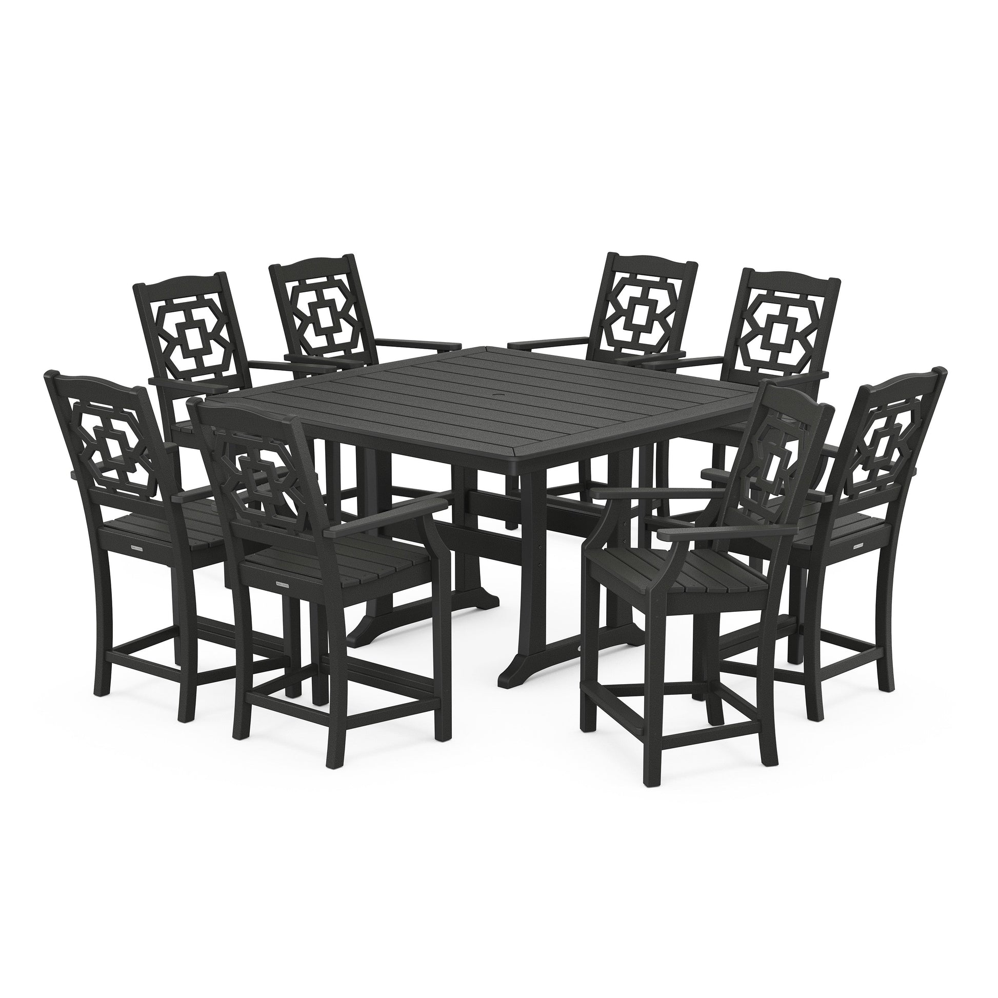 POLYWOOD Chinoiserie 9-Piece Square Counter Set with Trestle Legs — Black