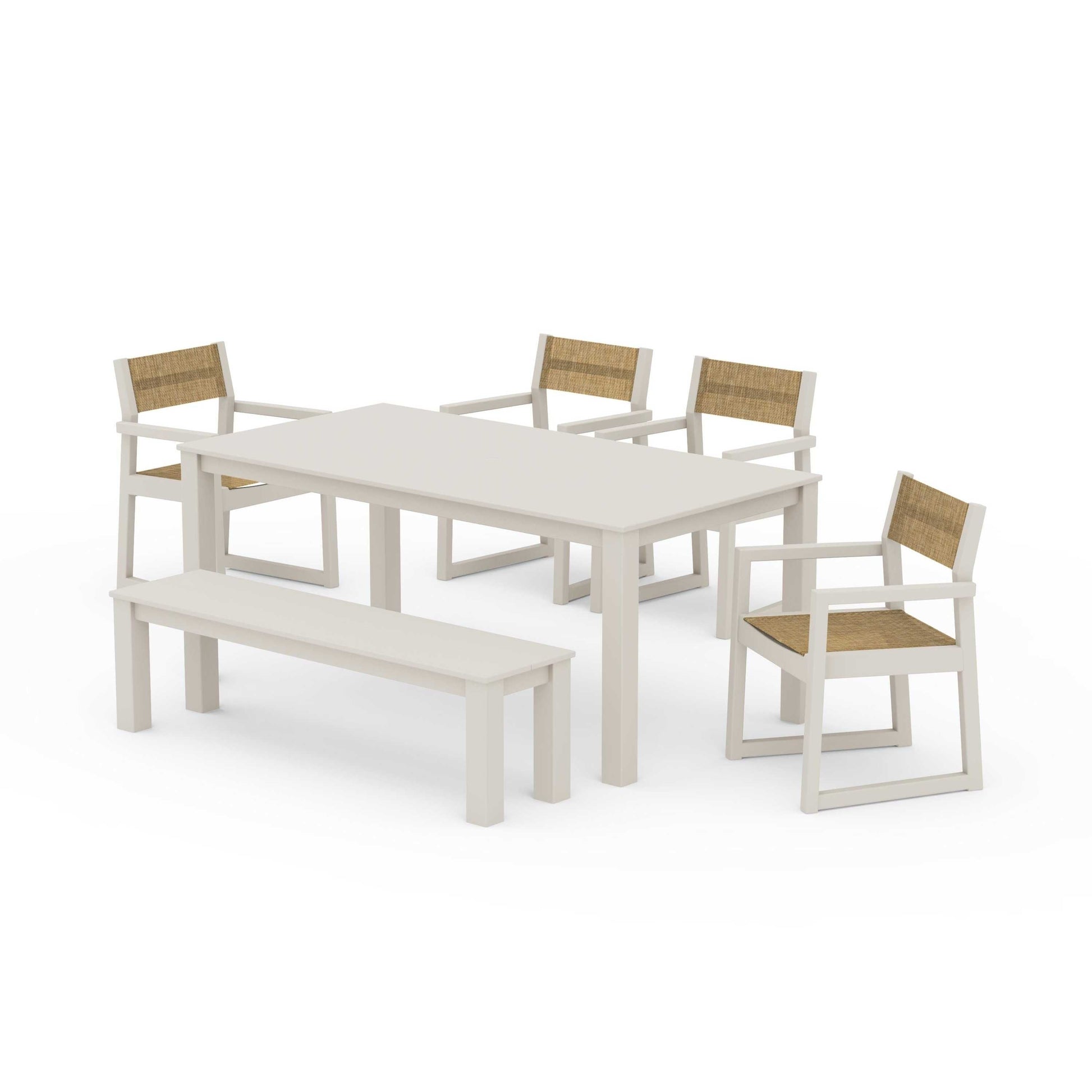 POLYWOOD EDGE Sling Arm Chair 6-Piece Parsons Dining Set with Bench — Sand / Burlap Sling