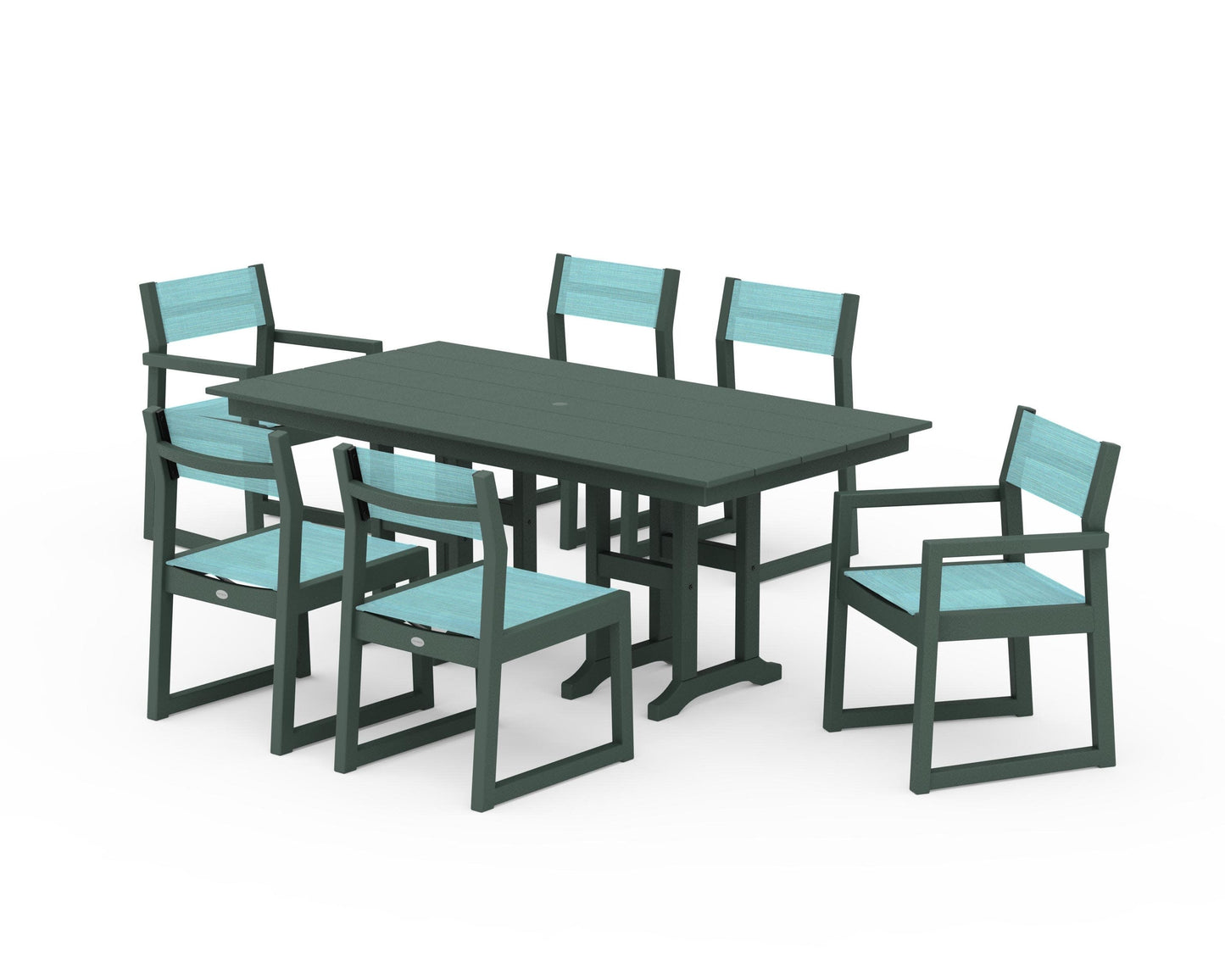 POLYWOOD EDGE Sling 7-Piece Farmhouse Dining Set — Green / Dupioni Aquamarine Sling