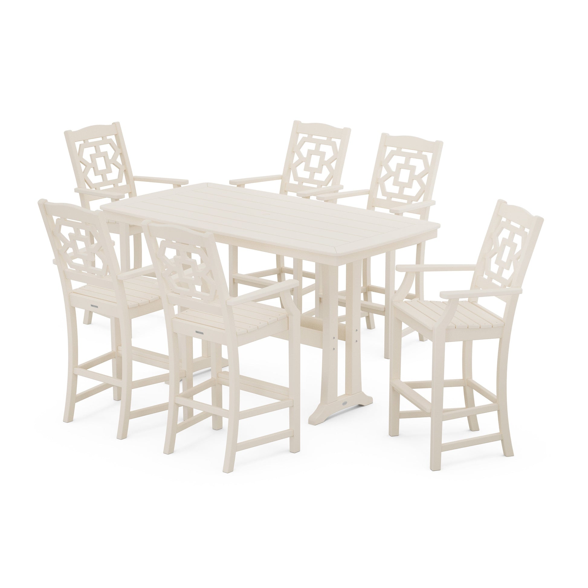 POLYWOOD Chinoiserie Arm Chair 7-Piece Bar Set with Trestle Legs — Sand