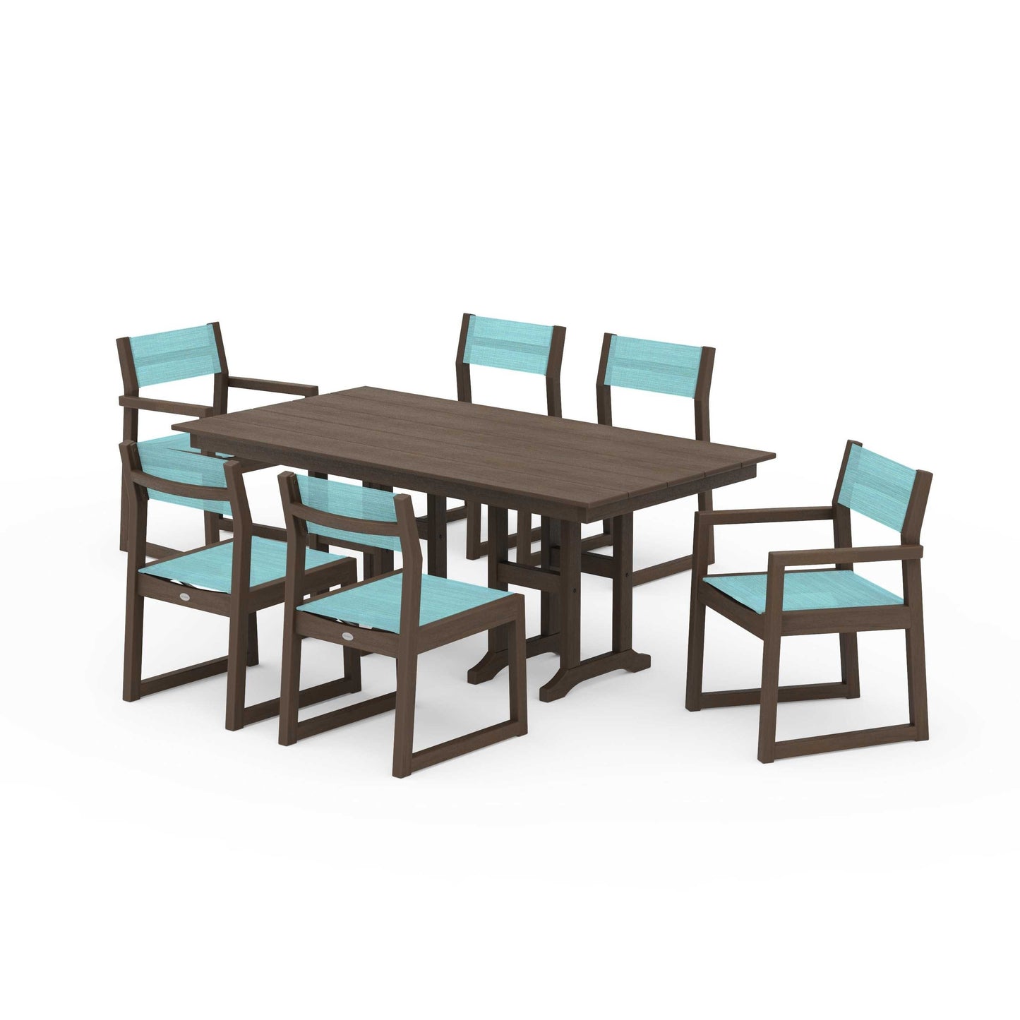 POLYWOOD EDGE Sling 7-Piece Farmhouse Dining Set — Kona / Dupioni Aquamarine Sling