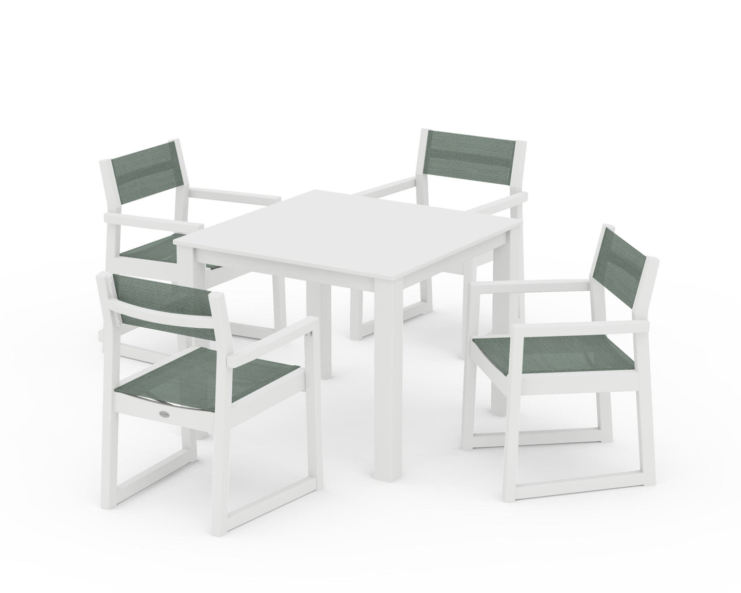 POLYWOOD EDGE Sling Arm Chair 5-Piece Parsons Dining Set — White / Dupioni Sea Mist Sling