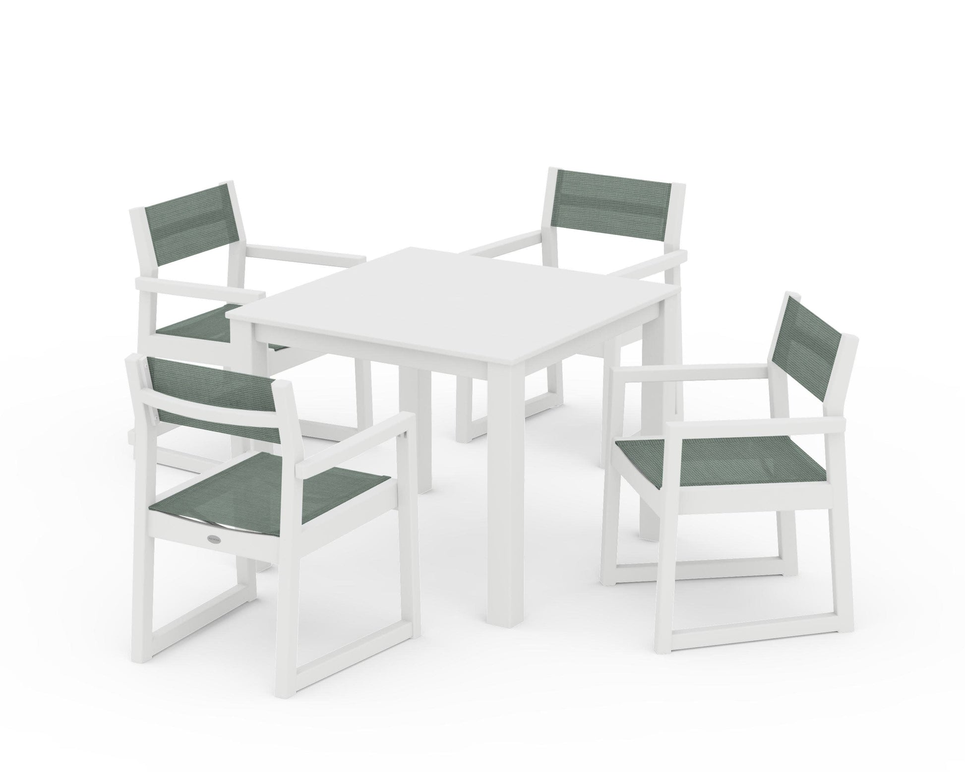 POLYWOOD EDGE Sling Arm Chair 5-Piece Parsons Dining Set — White / Dupioni Sea Mist Sling