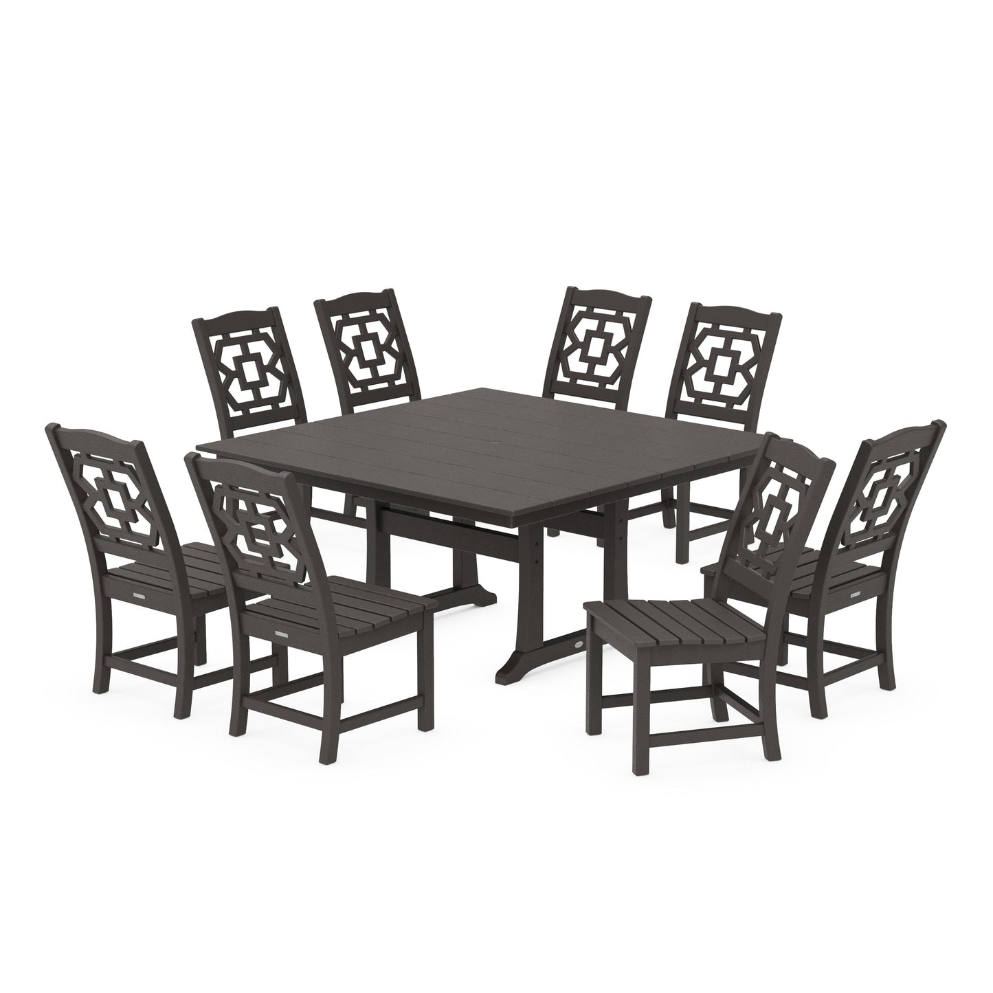 POLYWOOD Chinoiserie 9-Piece Square Farmhouse Side Chair Dining Set with Trestle Legs — Vintage Coffee