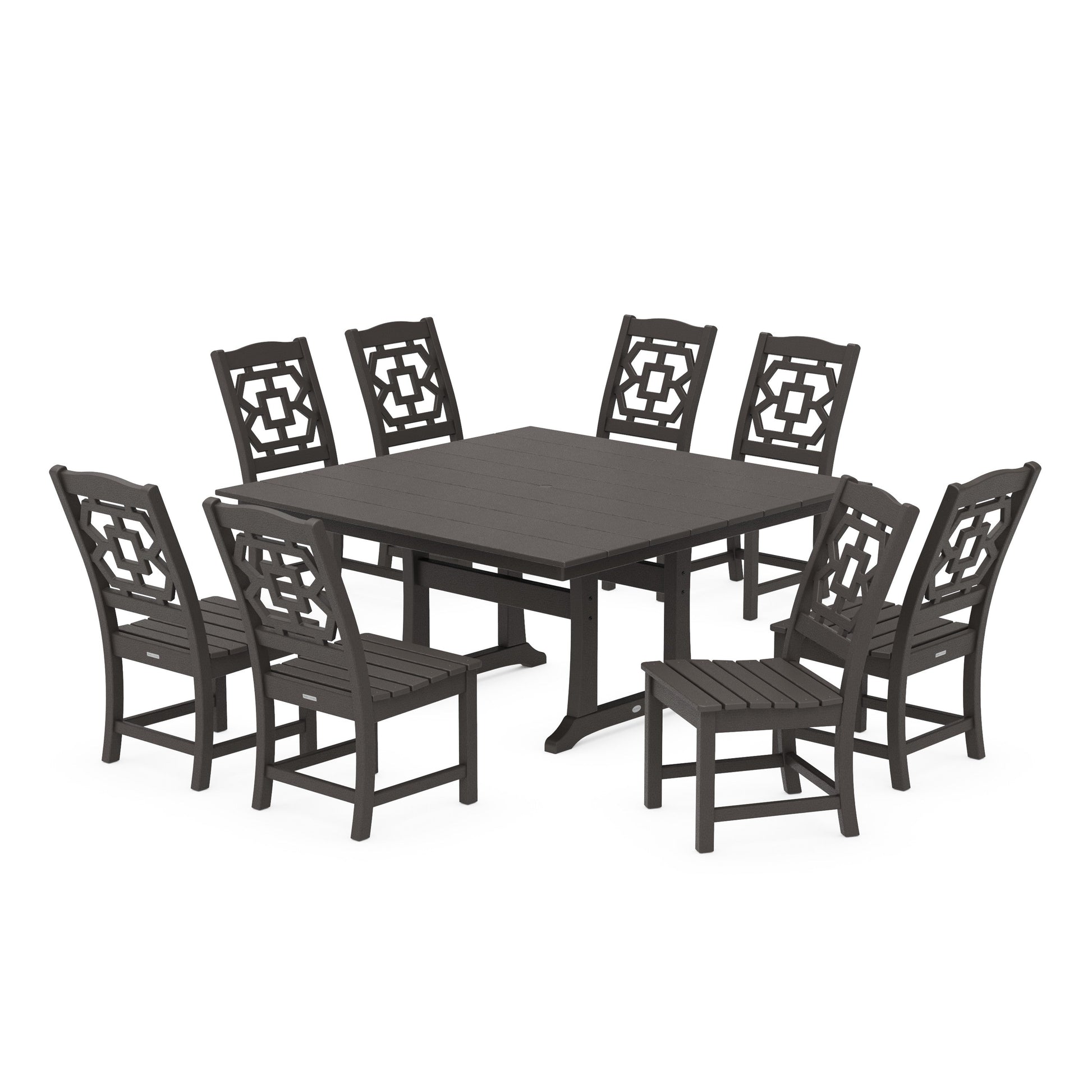 POLYWOOD Chinoiserie 9-Piece Square Farmhouse Side Chair Dining Set with Trestle Legs — Vintage Coffee