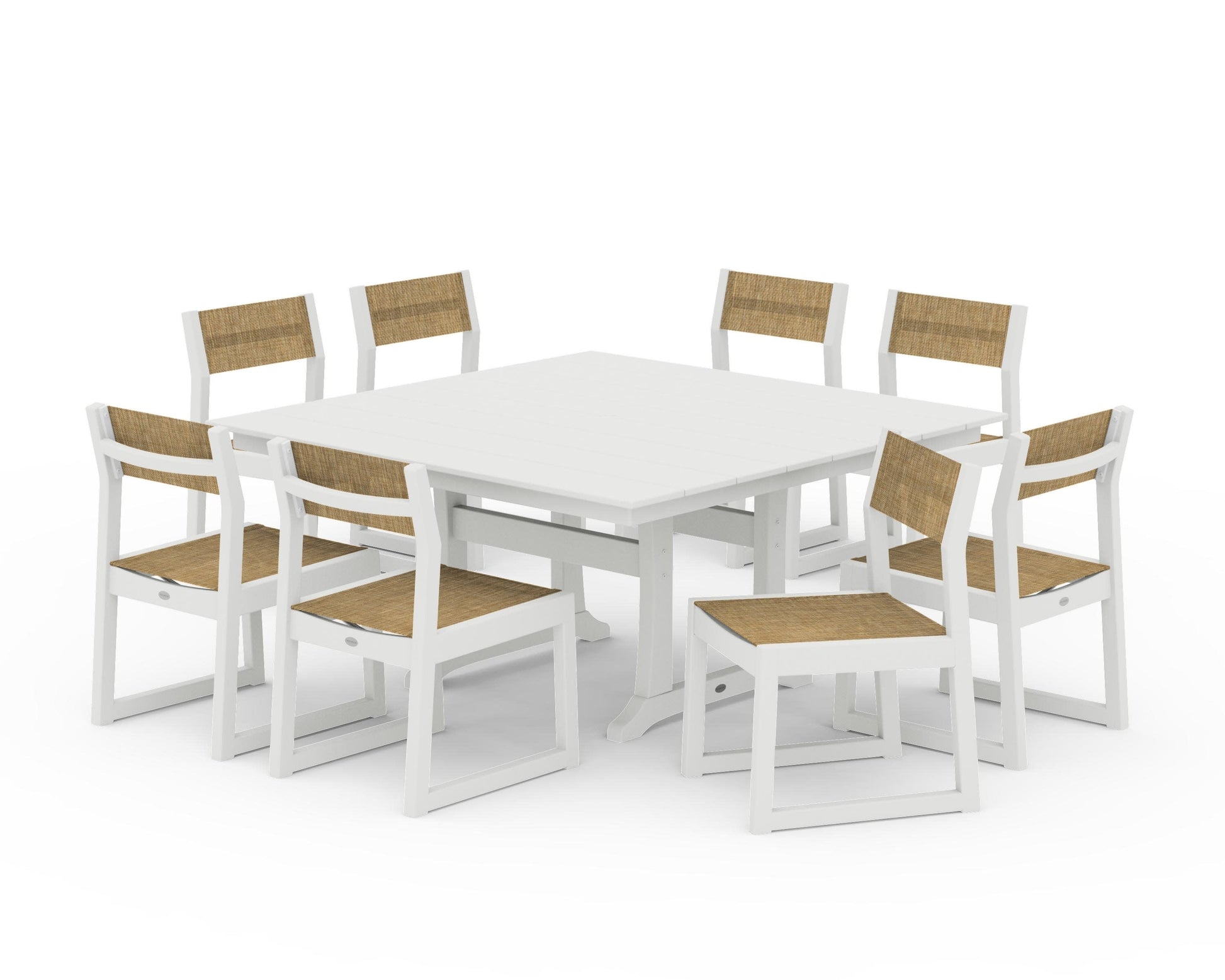 POLYWOOD EDGE Sling Side Chair 9-Piece Farmhouse Trestle Dining Set — Vintage White / Burlap Sling