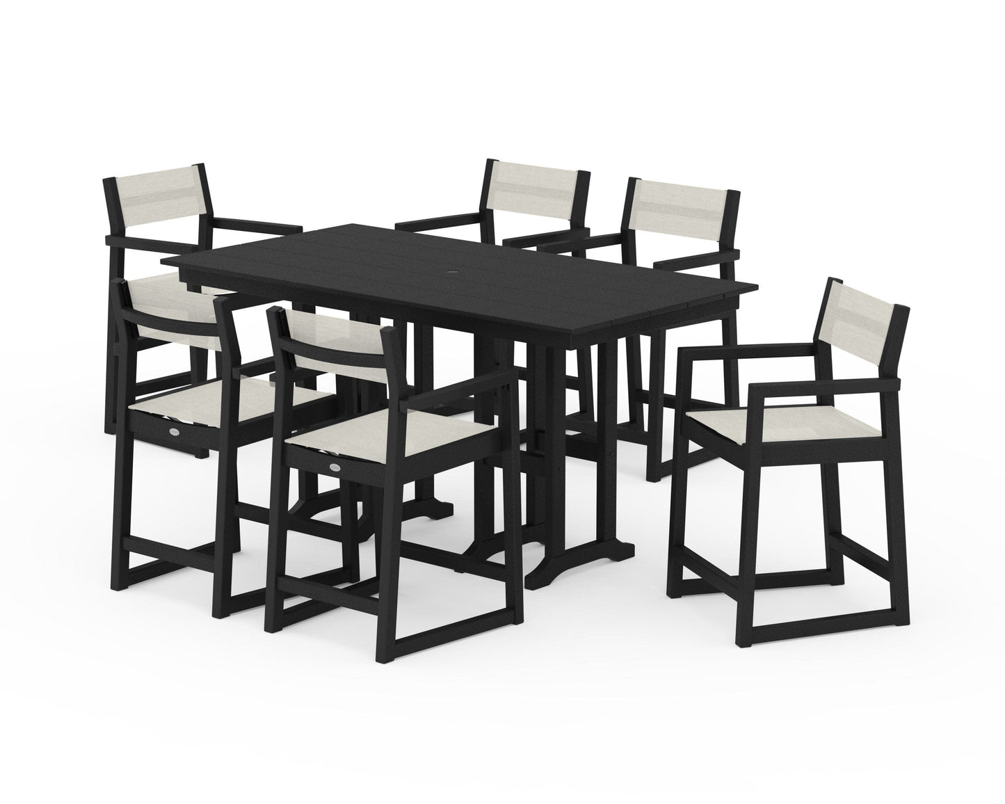 POLYWOOD EDGE Sling Arm Chair 7-Piece Farmhouse Counter Set — Black / Parchment Sling
