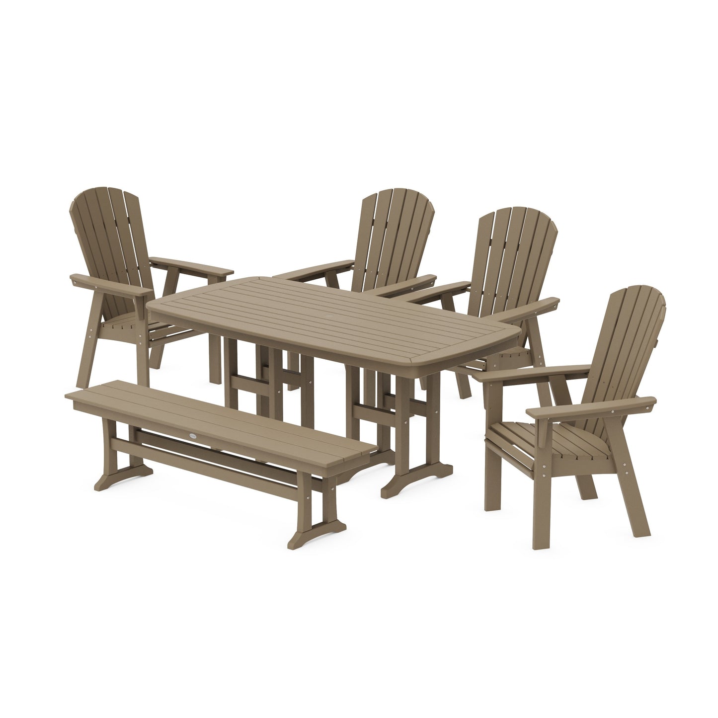 POLYWOOD Nautical Curveback Adirondack 6-Piece Dining Set with Bench — Vintage Sahara
