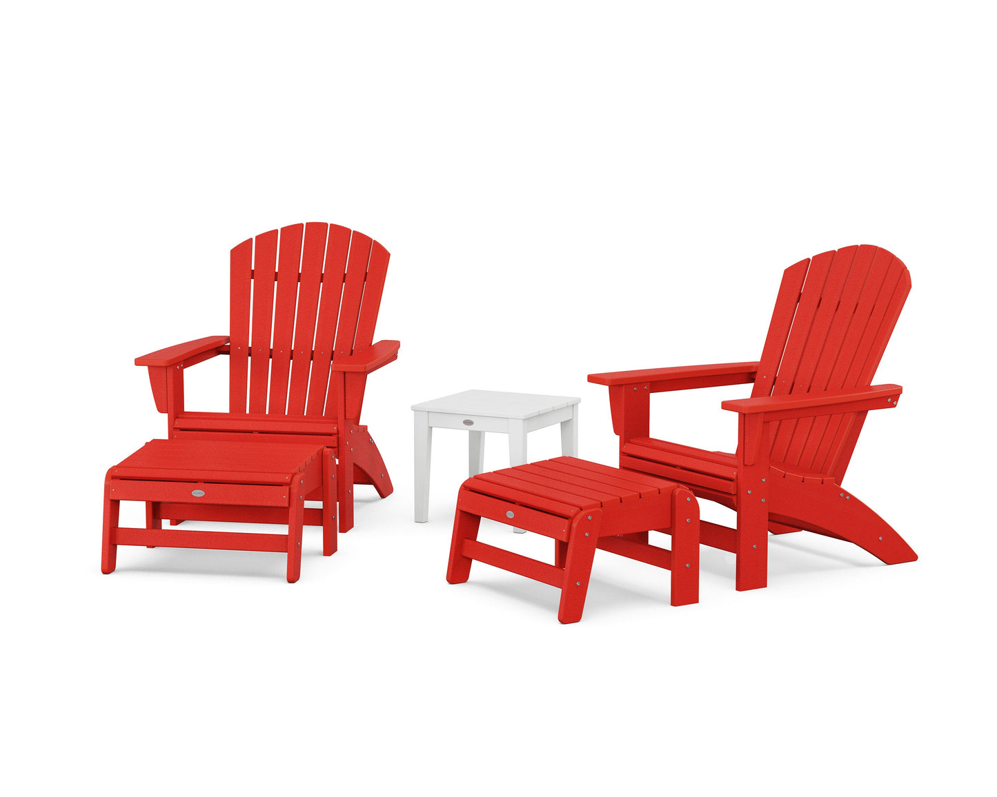 POLYWOOD 5-Piece Nautical Grand Adirondack Set with Ottomans and Side Table — Sunset Red / White