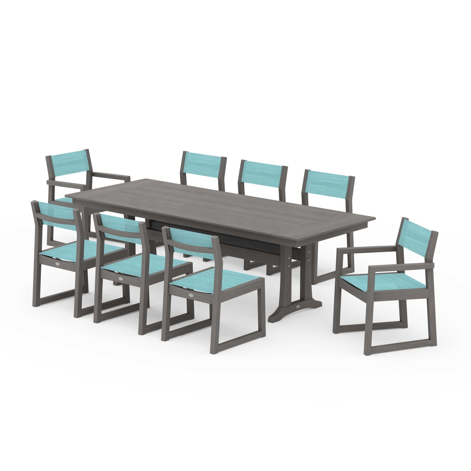 POLYWOOD EDGE Sling 9-Piece Farmhouse Trestle Dining Set — Driftwood / Dupioni Aquamarine Sling