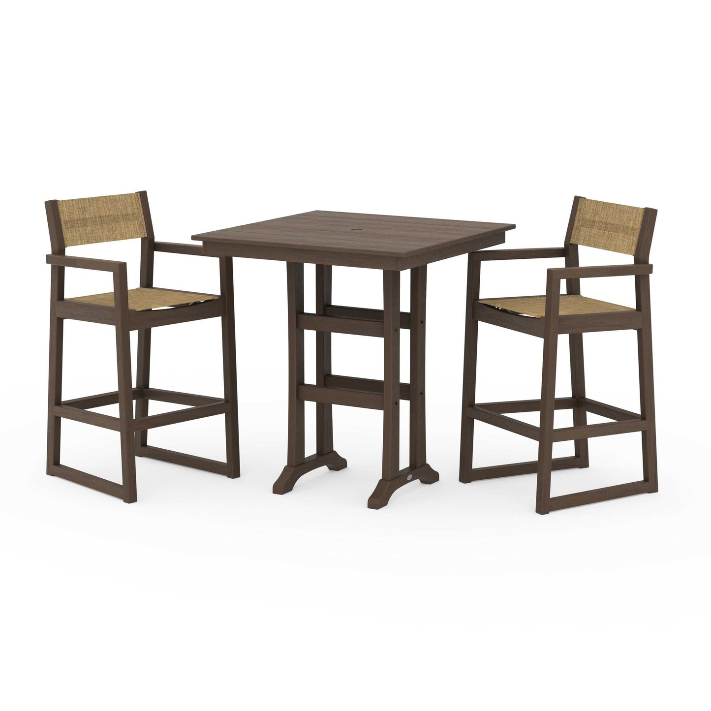 POLYWOOD EDGE Sling Arm Chair 3-Piece Farmhouse Bar Set with Trestle Legs — Kona / Burlap Sling