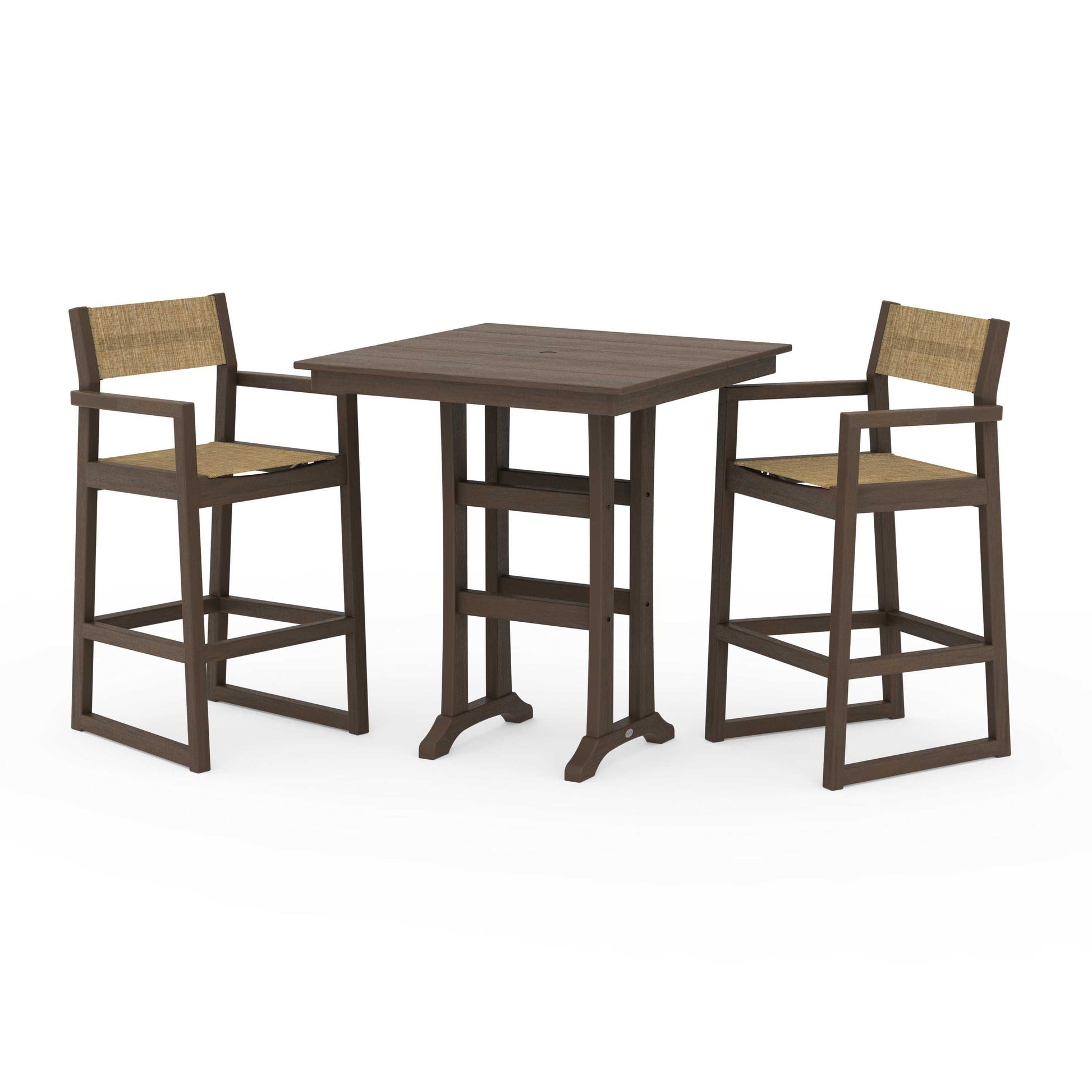 POLYWOOD EDGE Sling Arm Chair 3-Piece Farmhouse Bar Set with Trestle Legs — Kona / Burlap Sling