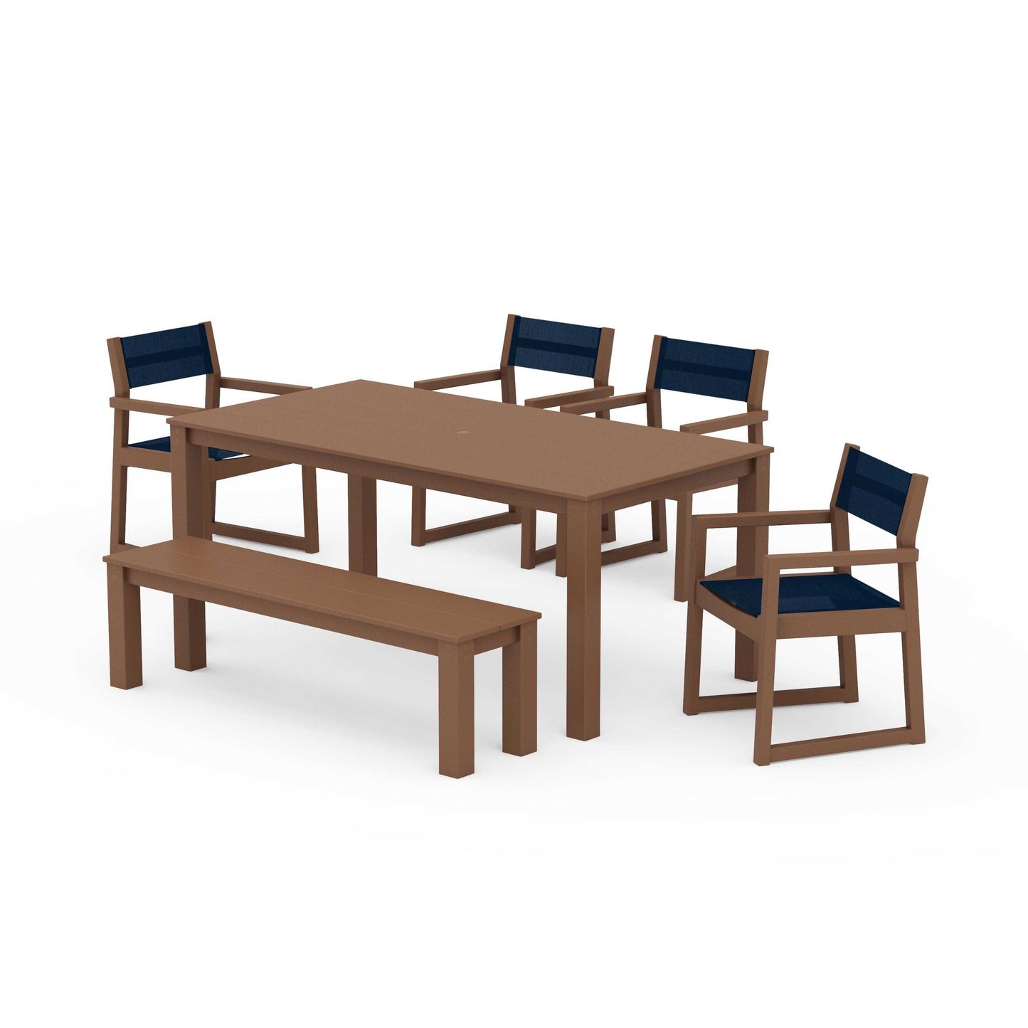 POLYWOOD EDGE Sling Arm Chair 6-Piece Parsons Dining Set with Bench — Teak / Navy Blue Sling