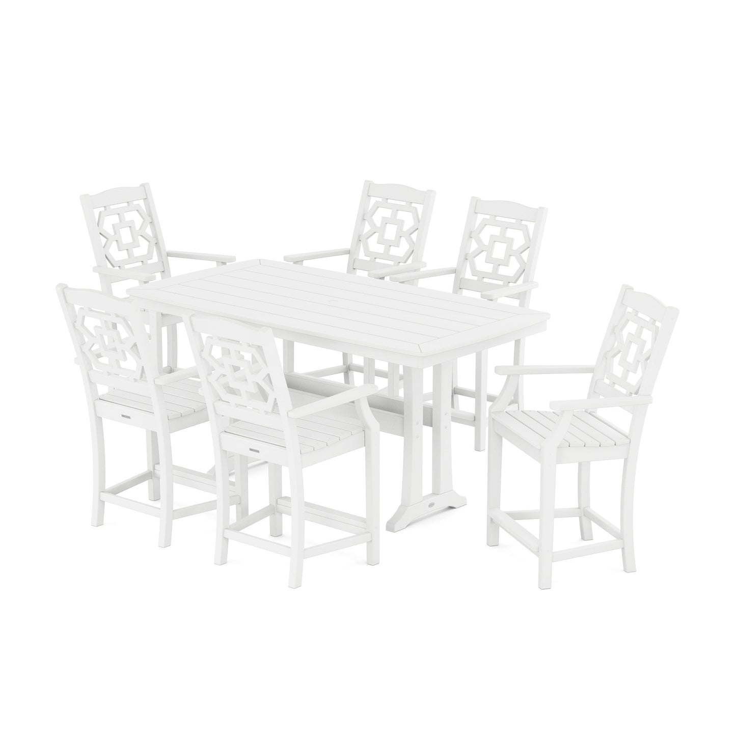 POLYWOOD Chinoiserie Arm Chair 7-Piece Counter Set with Trestle Legs — White