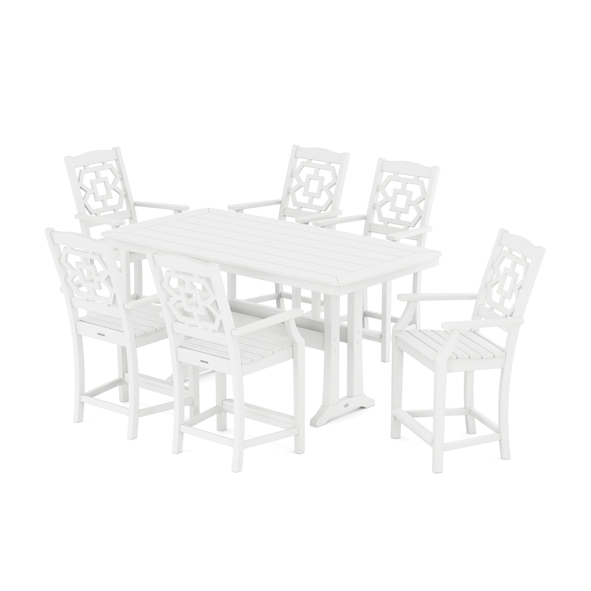 POLYWOOD Chinoiserie Arm Chair 7-Piece Counter Set with Trestle Legs — White