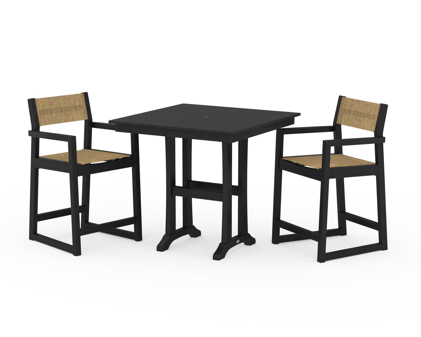 POLYWOOD EDGE Sling Arm Chair 3-Piece Farmhouse Counter Set with Trestle Legs — Black / Burlap Sling