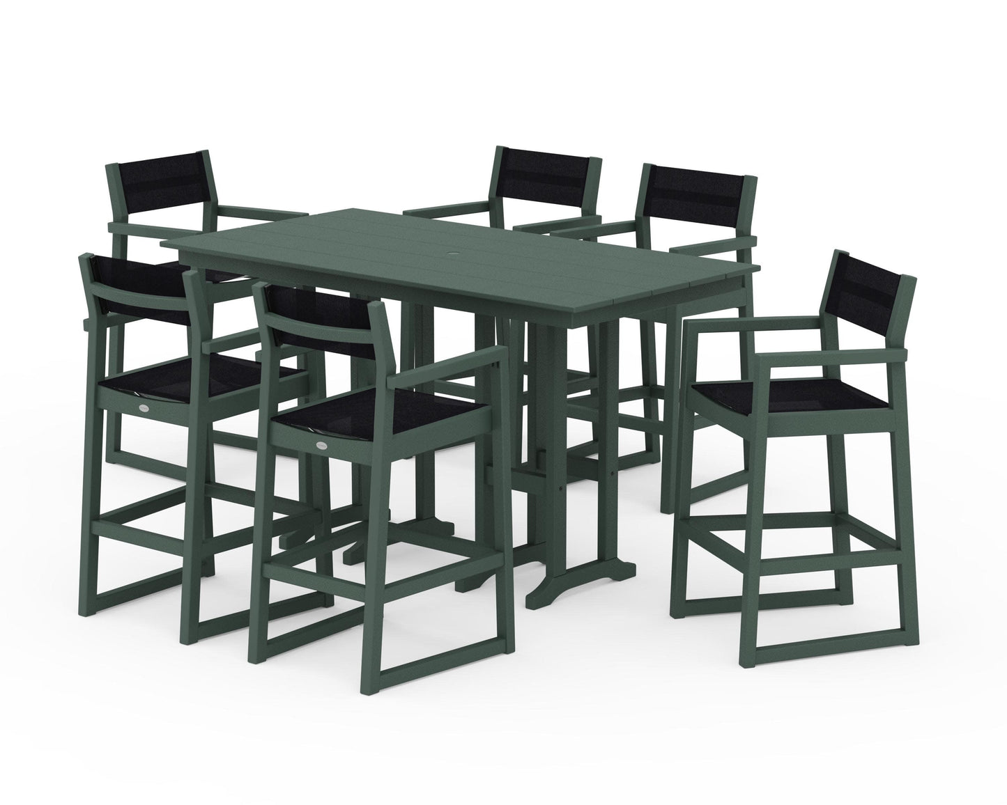 POLYWOOD EDGE Sling Arm Chair 7-Piece Farmhouse Bar Set — Green / Black Sling