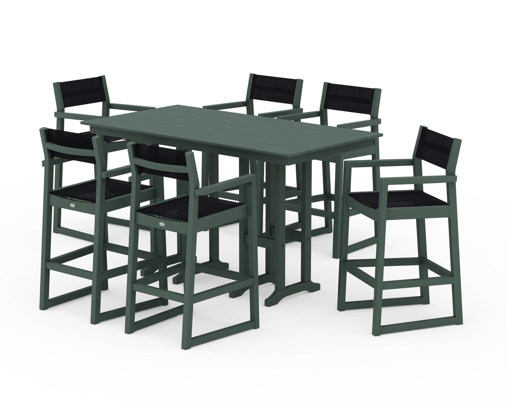 POLYWOOD EDGE Sling Arm Chair 7-Piece Farmhouse Bar Set — Green / Black Sling