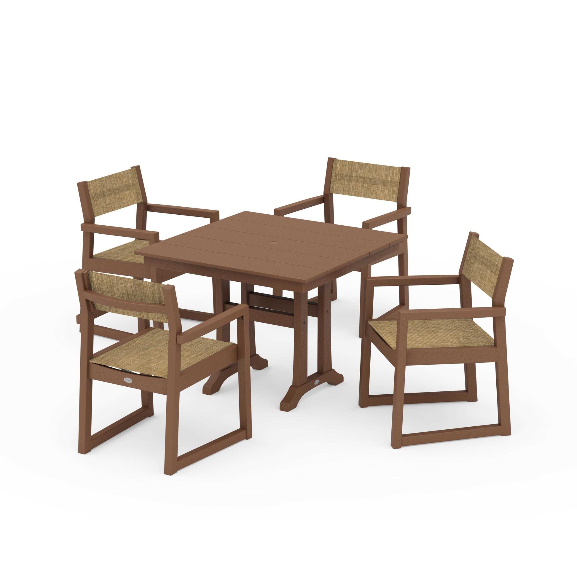 POLYWOOD EDGE Sling 5-Piece Farmhouse Dining Set with Trestle Legs — Teak / Burlap Sling