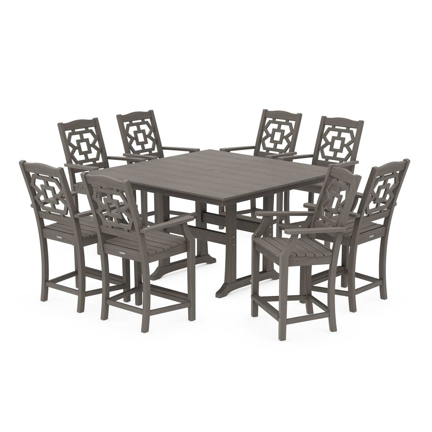 POLYWOOD Chinoiserie 9-Piece Square Farmhouse Counter Set with Trestle Legs — Driftwood
