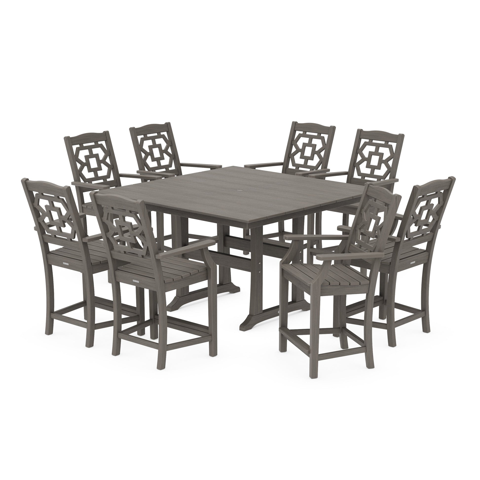 POLYWOOD Chinoiserie 9-Piece Square Farmhouse Counter Set with Trestle Legs — Driftwood