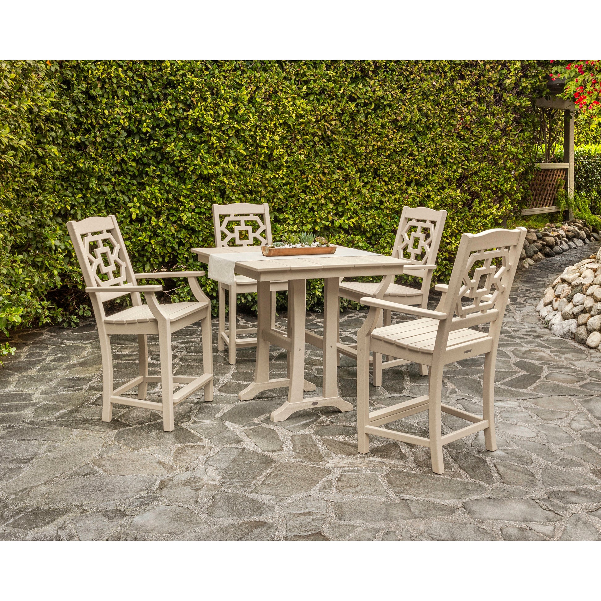 POLYWOOD Chinoiserie 5-Piece Farmhouse Counter Set with Trestle Legs