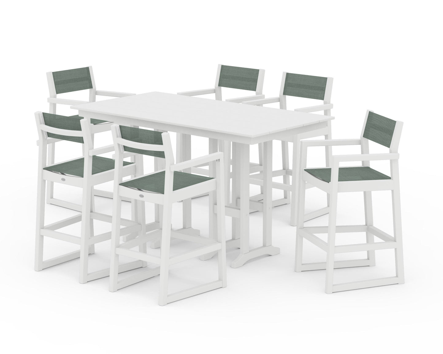 POLYWOOD EDGE Sling Arm Chair 7-Piece Farmhouse Bar Set — White / Dupioni Sea Mist Sling