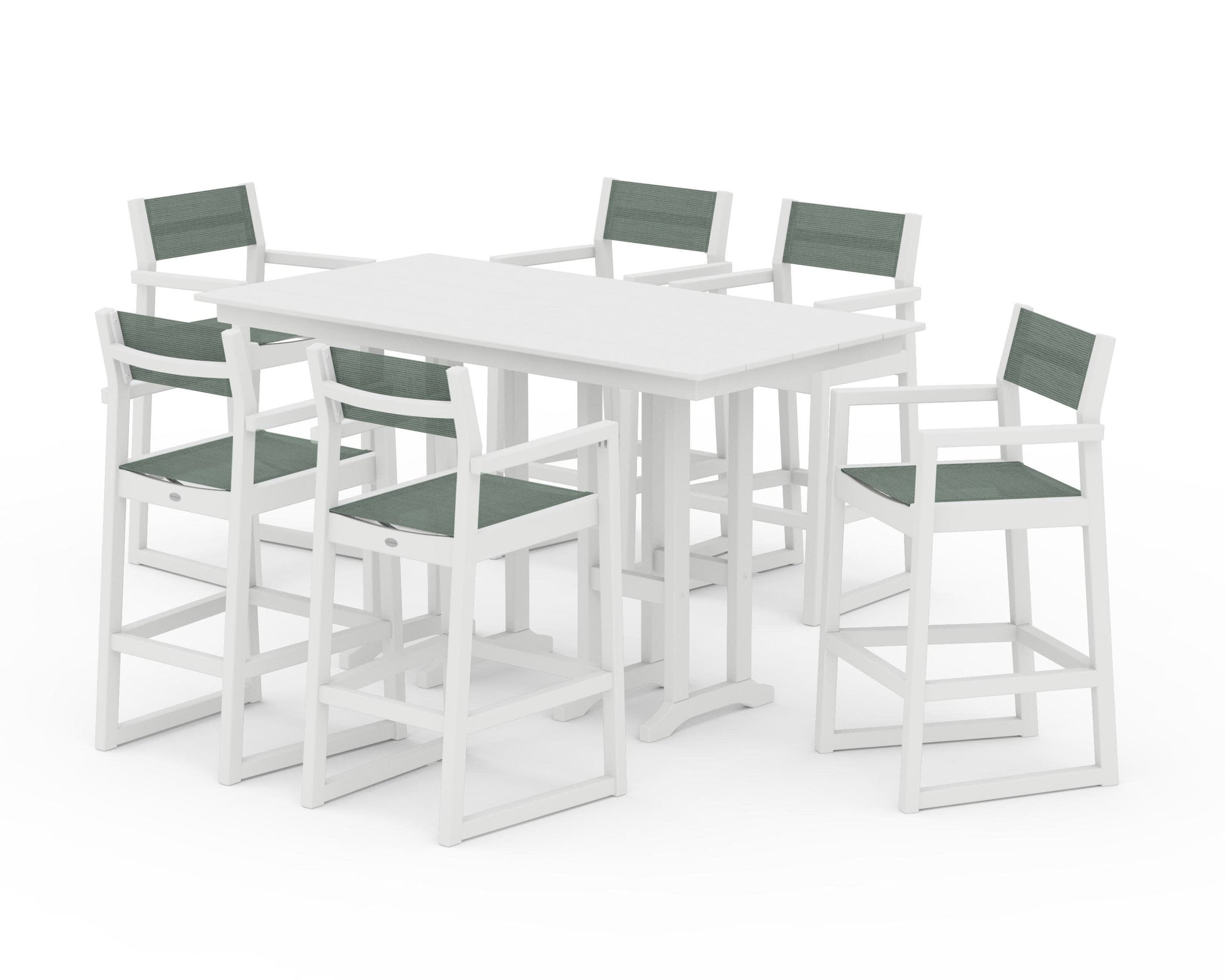 POLYWOOD EDGE Sling Arm Chair 7-Piece Farmhouse Bar Set — White / Dupioni Sea Mist Sling