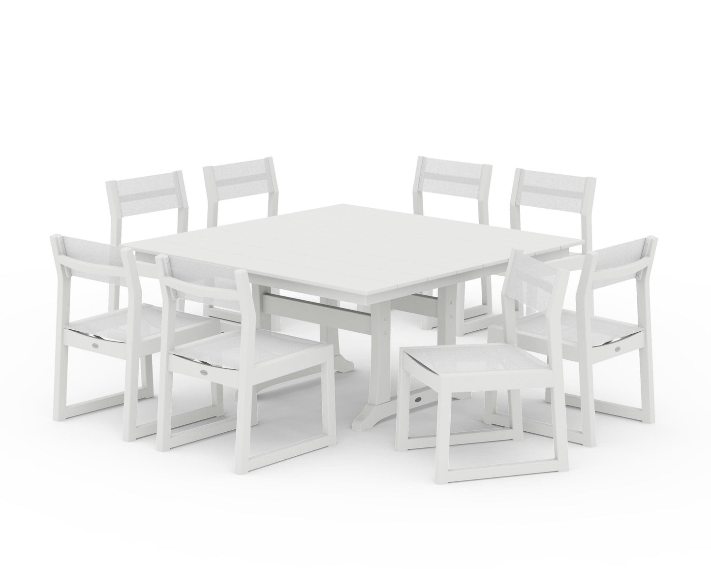 POLYWOOD EDGE Sling Side Chair 9-Piece Farmhouse Trestle Dining Set — Vintage White / White Sling