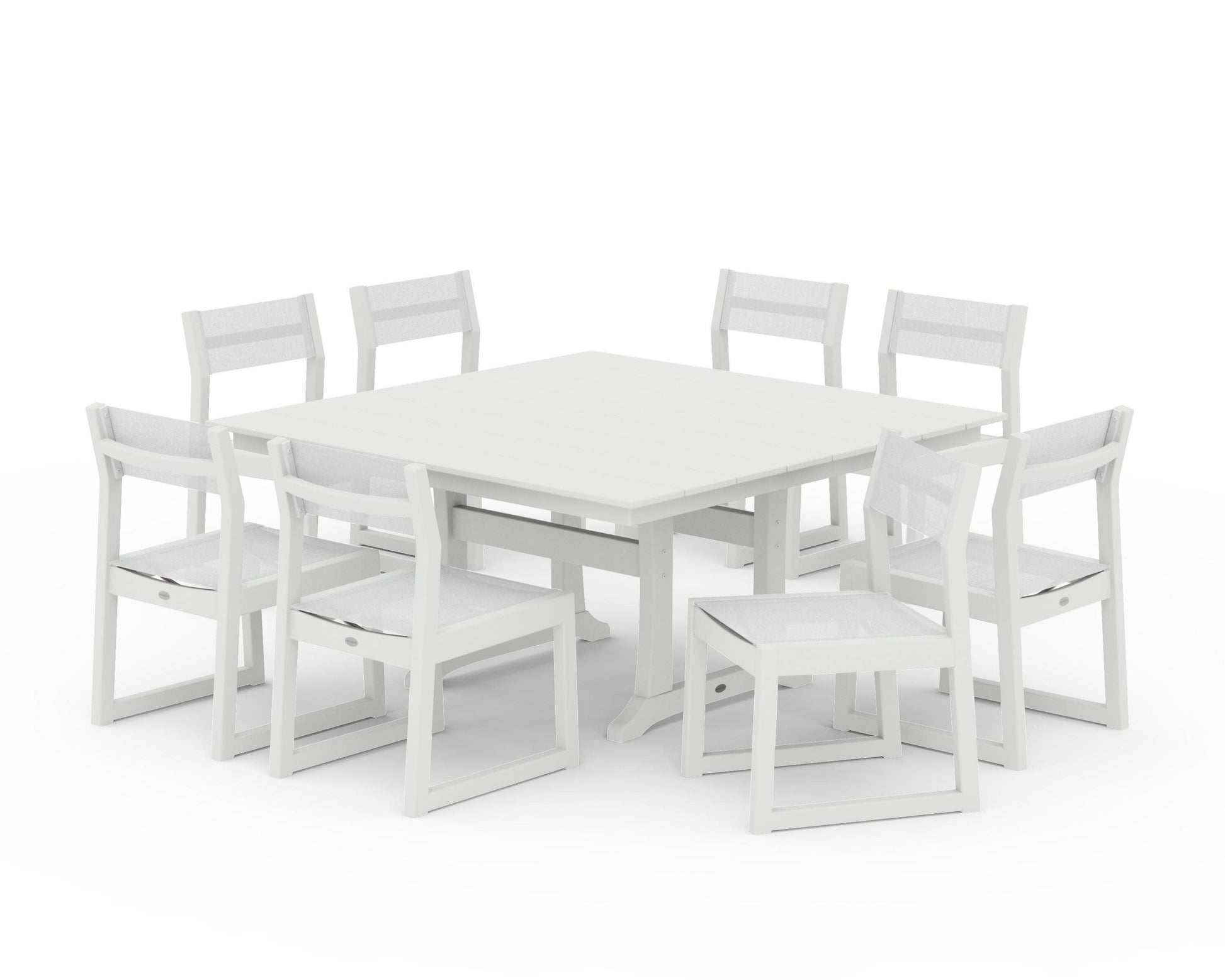 POLYWOOD EDGE Sling Side Chair 9-Piece Farmhouse Trestle Dining Set — Vintage White / White Sling