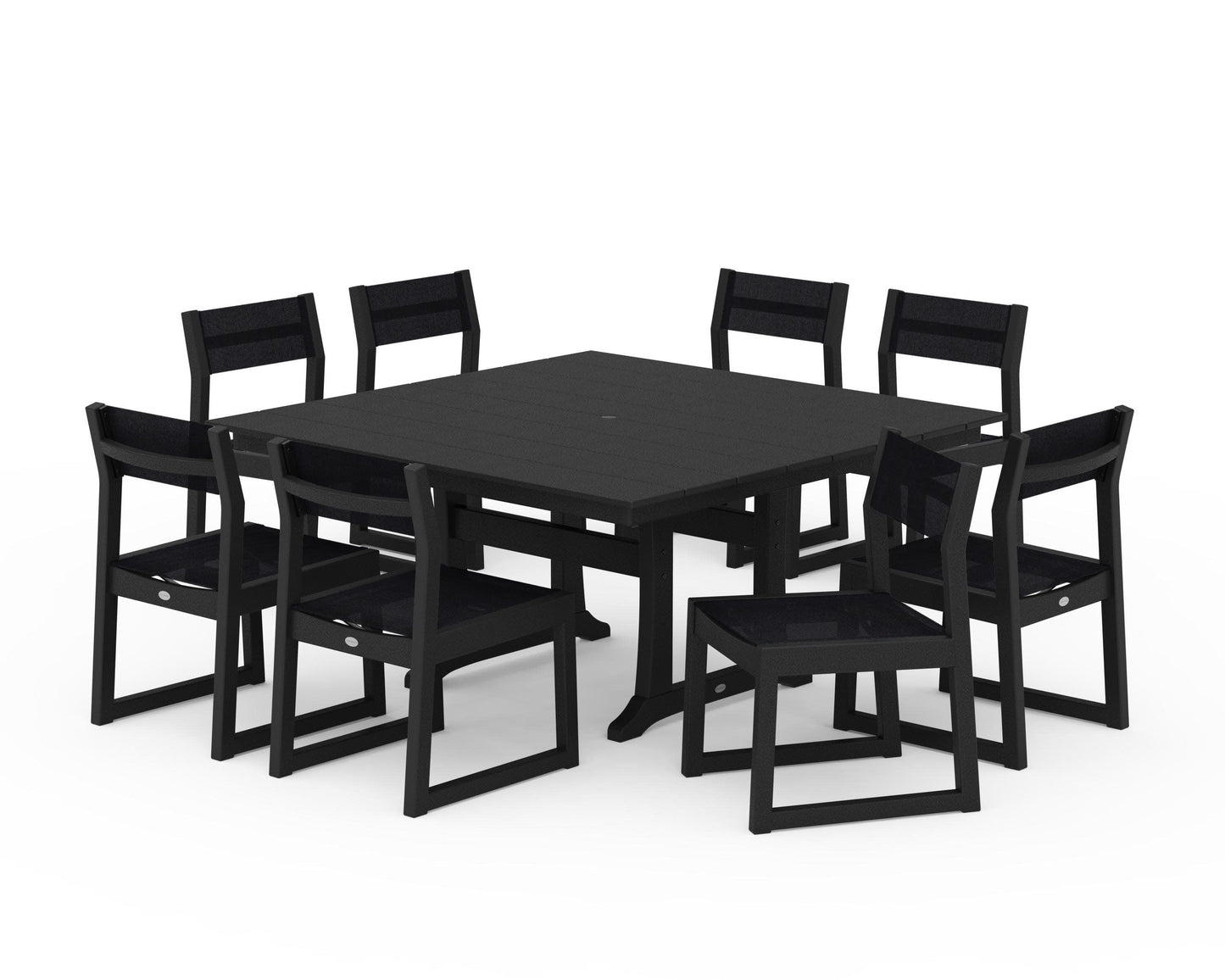 POLYWOOD EDGE Sling Side Chair 9-Piece Farmhouse Trestle Dining Set — Black / Black Sling