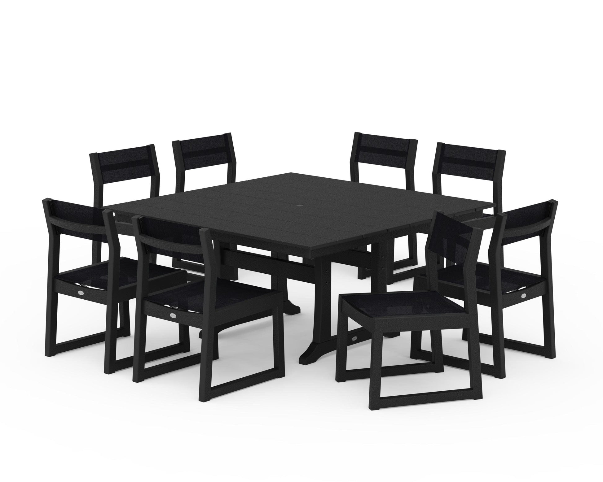 POLYWOOD EDGE Sling Side Chair 9-Piece Farmhouse Trestle Dining Set — Black / Black Sling