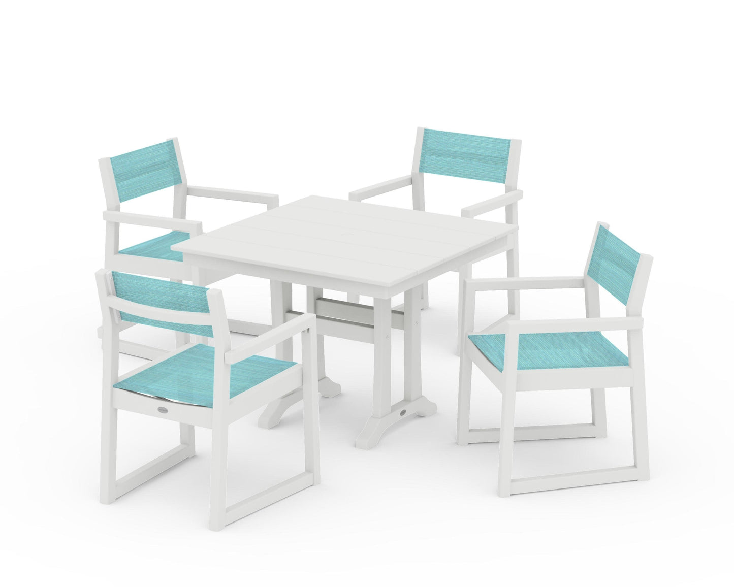 POLYWOOD EDGE Sling 5-Piece Farmhouse Dining Set with Trestle Legs — Vintage White / Dupioni Aquamarine Sling
