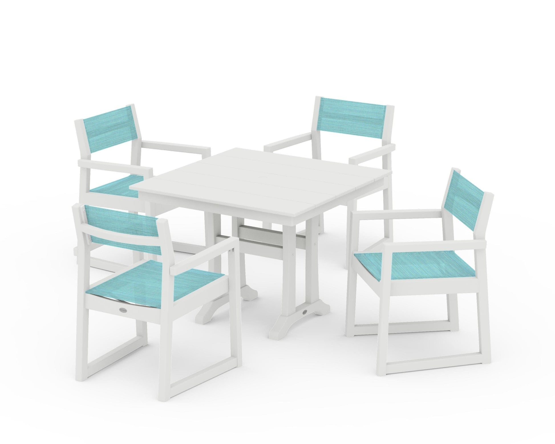 POLYWOOD EDGE Sling 5-Piece Farmhouse Dining Set with Trestle Legs — Vintage White / Dupioni Aquamarine Sling