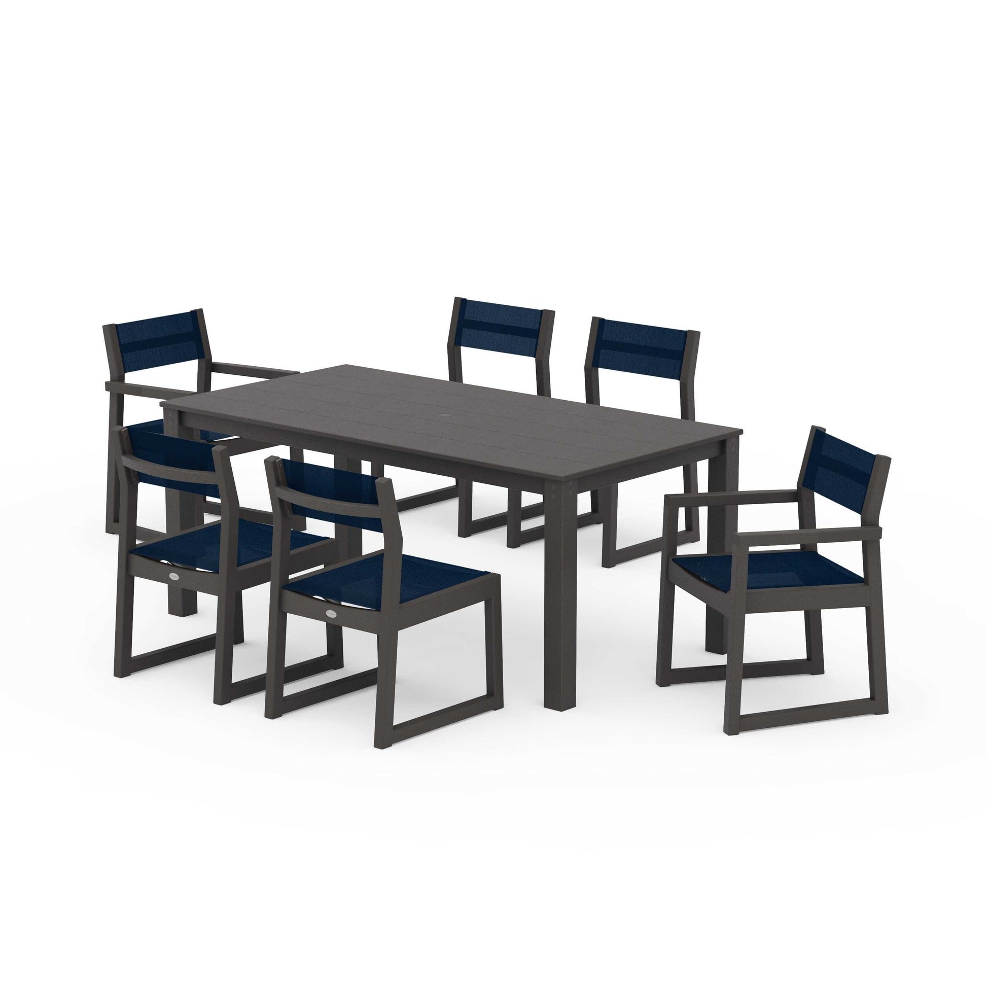 POLYWOOD EDGE Sling 7-Piece Parsons Dining Set — Vintage Coffee / Navy Blue Sling