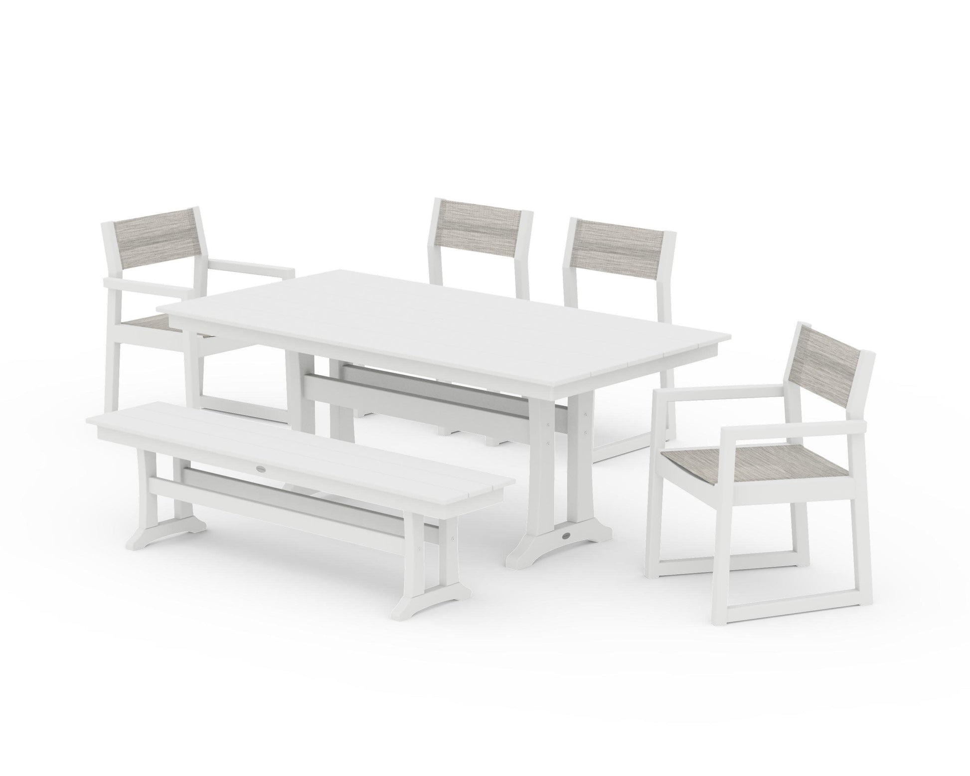 POLYWOOD EDGE Sling 6-Piece Farmhouse Dining Set With Trestle Legs — White / Birch Sling