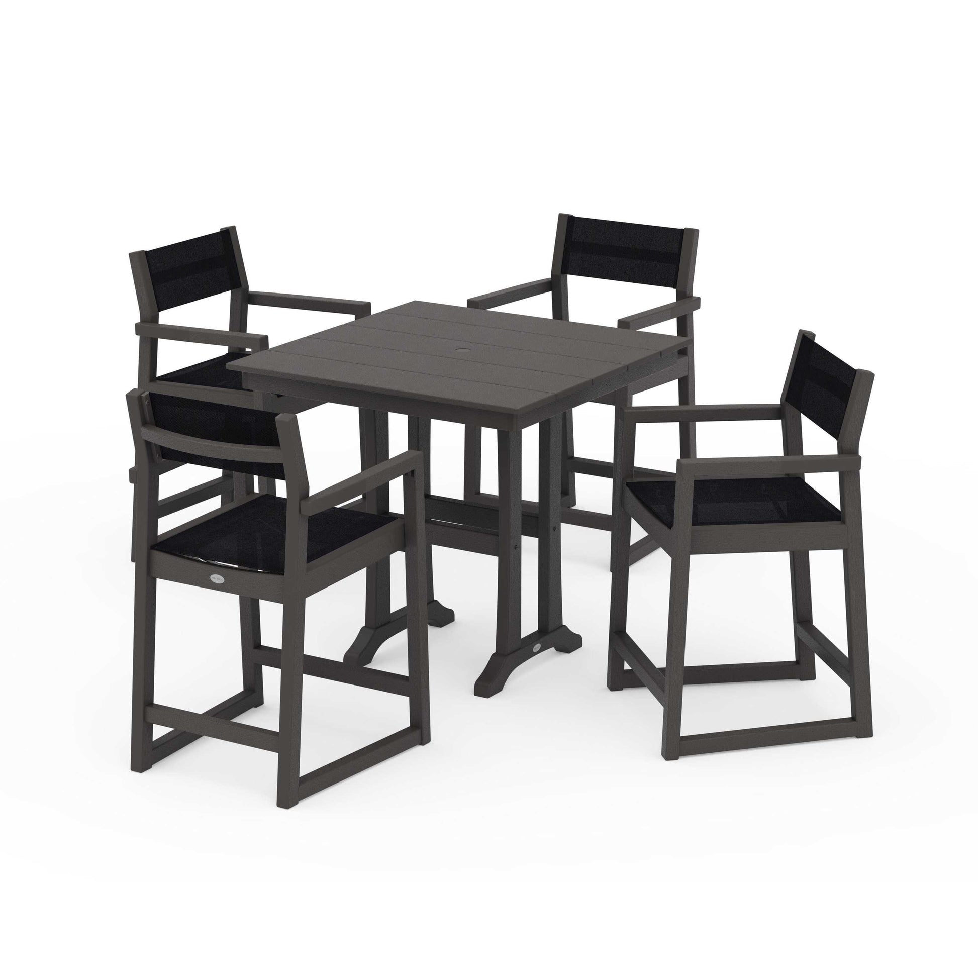POLYWOOD EDGE Sling Arm Chair 5-Piece Farmhouse Counter Set with Trestle Legs — Vintage Coffee / Black Sling
