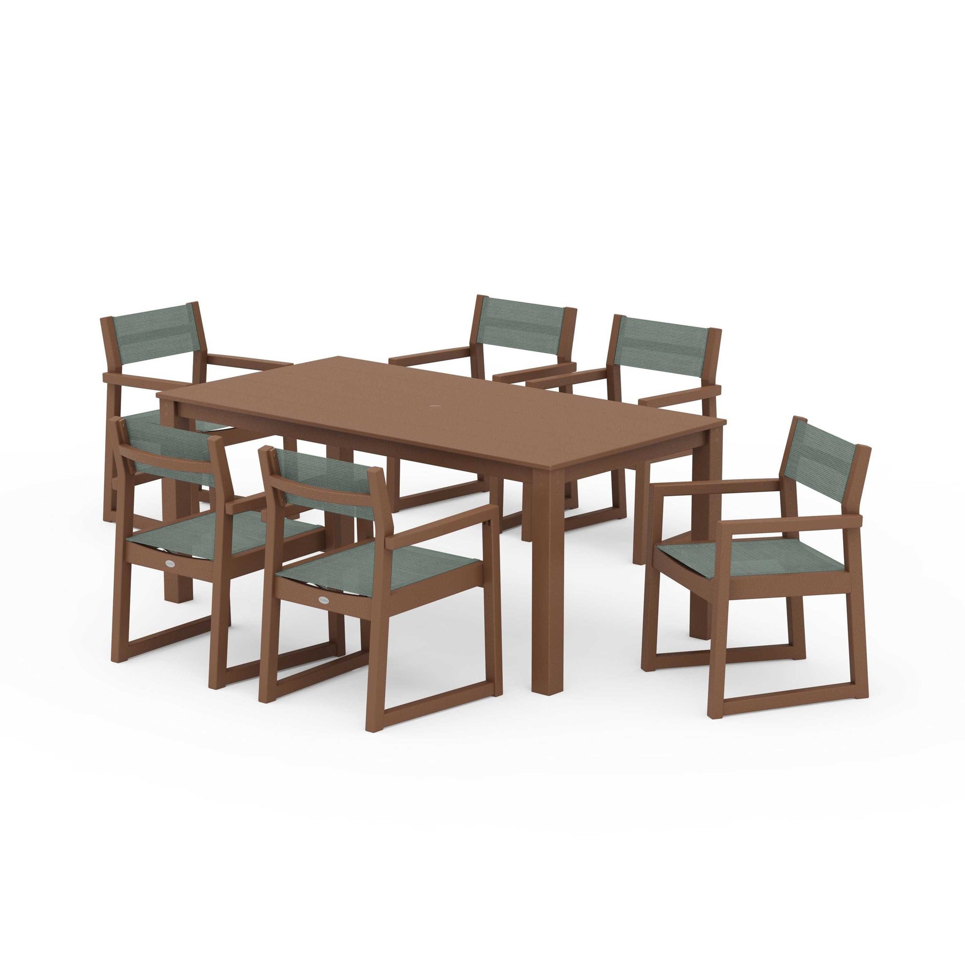 POLYWOOD EDGE Sling Arm Chair 7-Piece Parsons Dining Set — Teak / Dupioni Sea Mist Sling