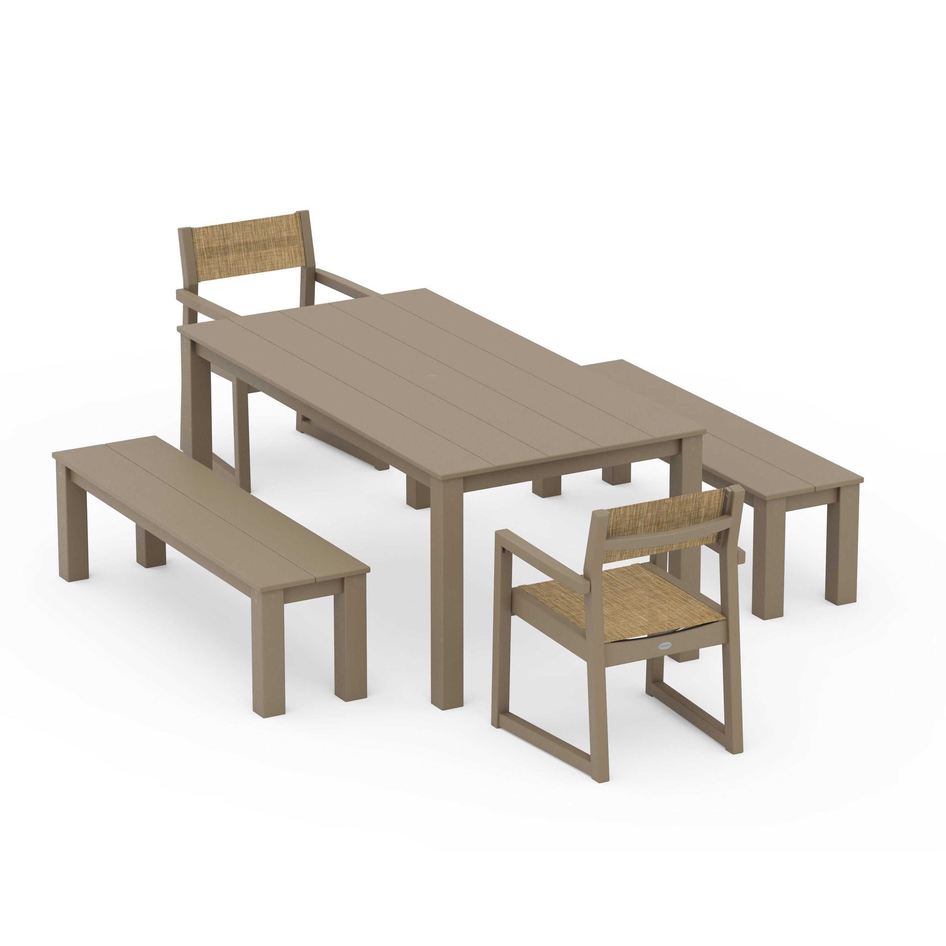 POLYWOOD EDGE Sling Arm Chair 5-Piece Parsons Dining Set with Benches — Vintage Sahara / Burlap Sling
