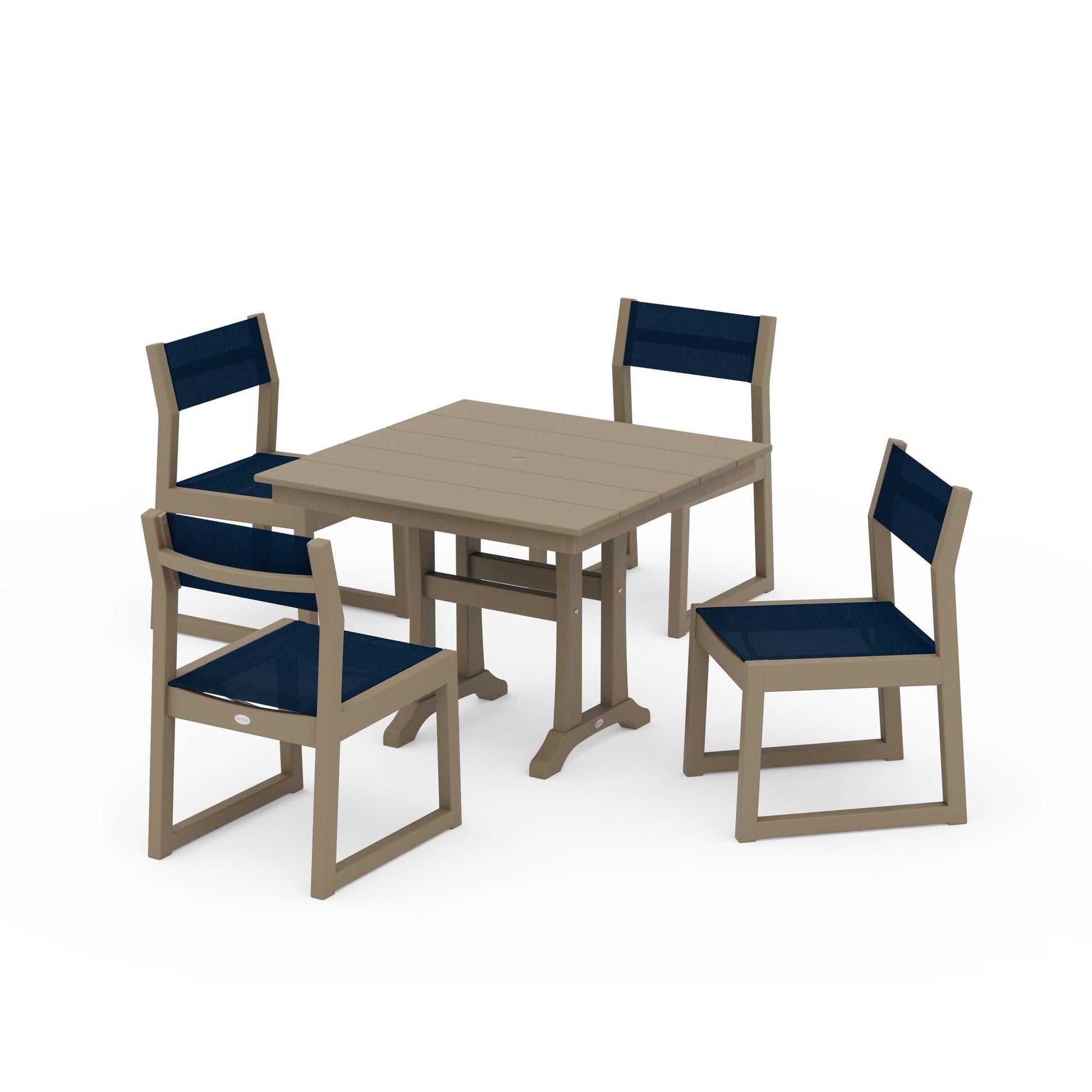 POLYWOOD EDGE Sling 5-Piece Farmhouse Trestle Side Chair Dining Set — Vintage Sahara / Navy Blue Sling