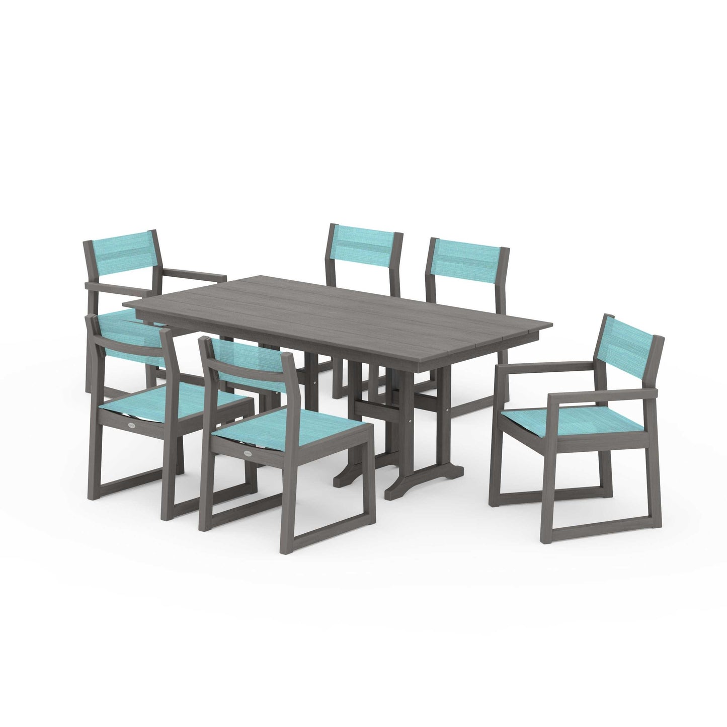 POLYWOOD EDGE Sling 7-Piece Farmhouse Dining Set — Driftwood / Dupioni Aquamarine Sling