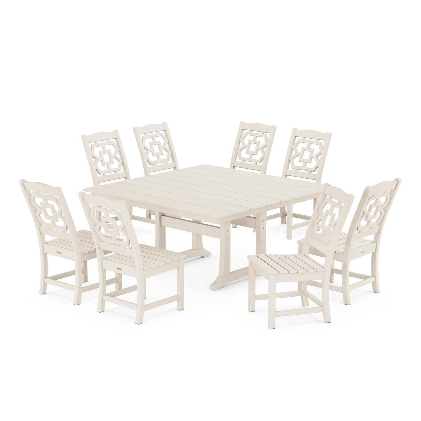 POLYWOOD Chinoiserie 9-Piece Square Farmhouse Side Chair Dining Set with Trestle Legs — Sand