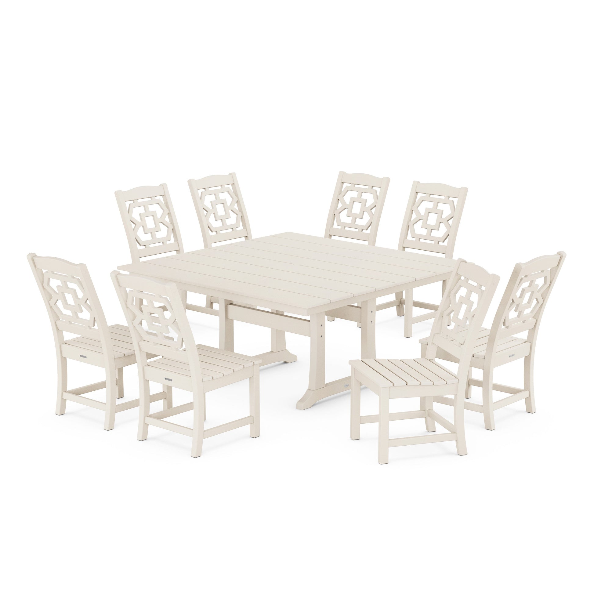 POLYWOOD Chinoiserie 9-Piece Square Farmhouse Side Chair Dining Set with Trestle Legs — Sand