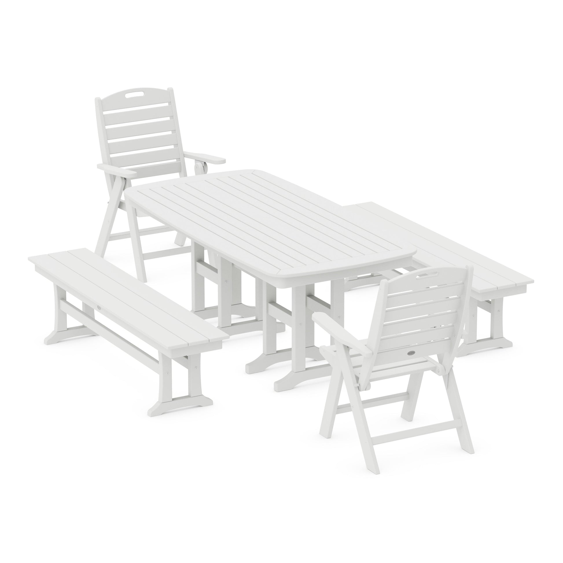 POLYWOOD Nautical Highback 5-Piece Dining Set with Benches — White